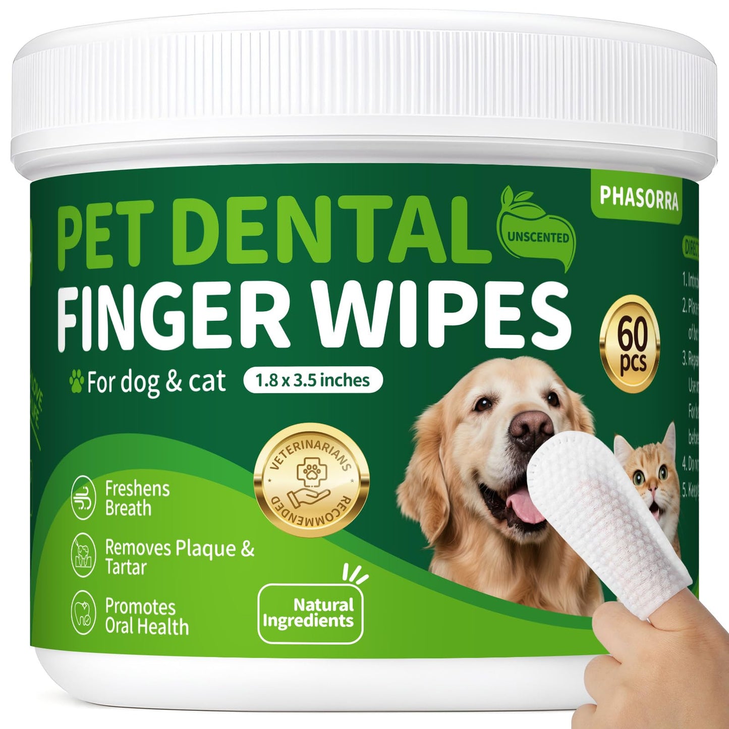 PHASORRA Dog & Cat Tooth Brushing kit - 60Ct Dog Toothbrush & Toothpaste Alternatives, Dental Care Wipes, Heavy Duty Teeth Cleaning, Remove Tartar & Plaque, Breath Freshener