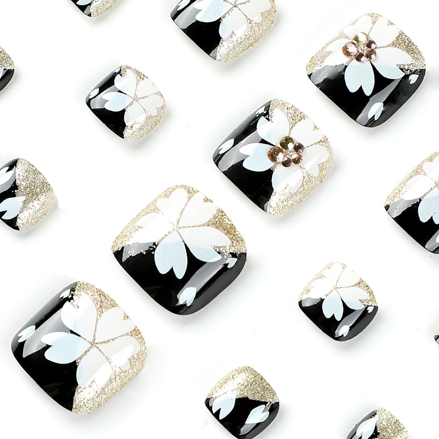 Vezocim Press on Nails with Black White Checkerboard Designs, 24Pcs Artificial White Fake Nails for Toe, Glossy Full Cover Square Acrylic False Toenails, Glue ons Toenails with Charm for Women