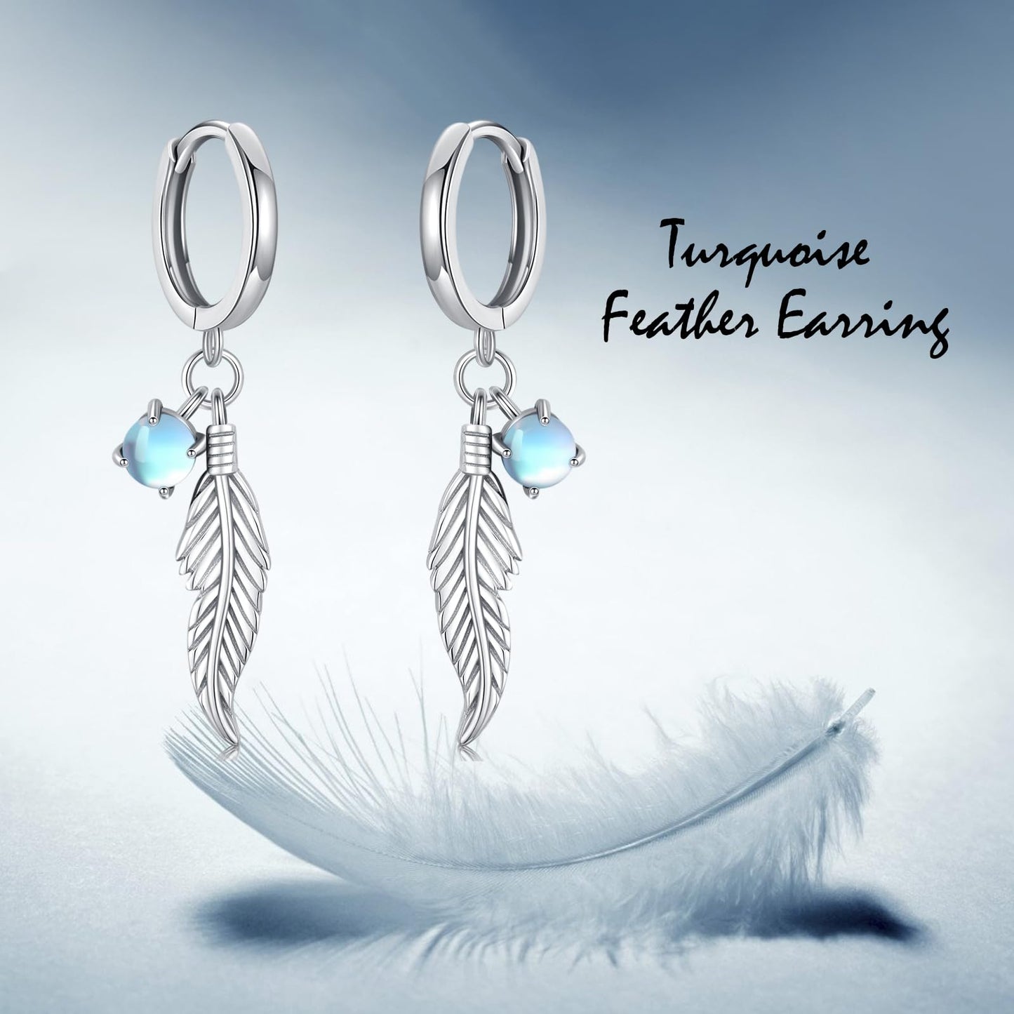 Feather Moonstone Earrings 925 Sterling Silver Moonstone Dangle Drop Earrings Feather Jewelry Bohemian Gifts for Women