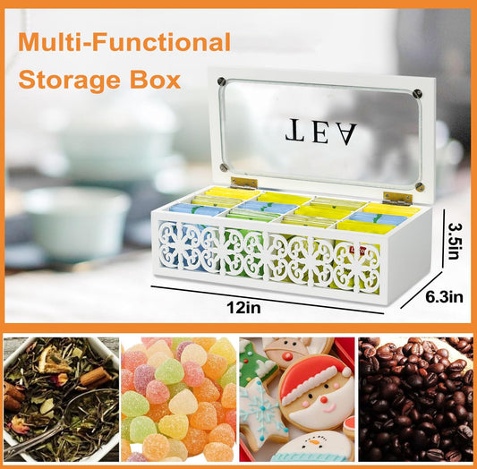 handrong Wooden Tea Box,12 Compartments Tea Organizers and Storage,Decorative Tea Bag Holder Organizer with Clear Top for Countertop Kitchen Cabinet Pantry
