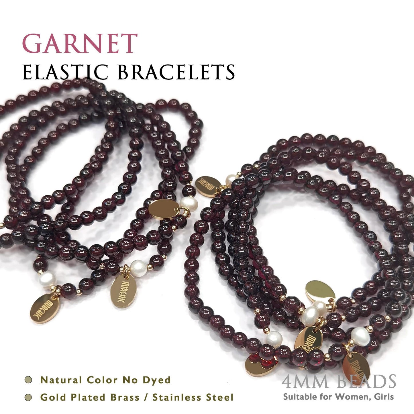 Morchic 4mm Natural Garnet Gemstone Beads Stretch Bracelet for Women, With Freshwater Pearls, Energy Birthday Gift for Her 7.2”