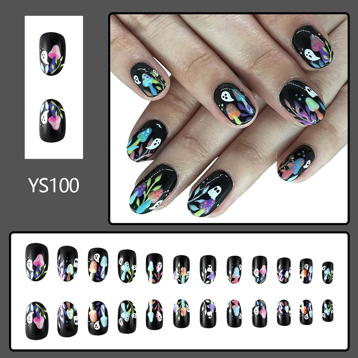 Ghost Press on Nails Halloween Short Fake Nails Mushroom Square False Nail Matte Full Cover Stick on Nails Black Halloween False Nail Acrylic Press on Nail Reusable Nail for Women 24Pcs