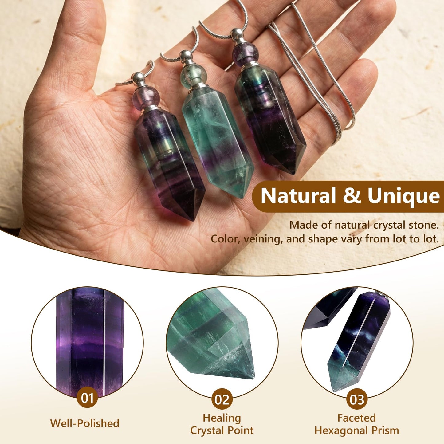 SUNYIK Fluorite Stone Essential Oil Diffuser Necklace for Women, Hexagonal Pointed Healing Crystal Perfume Bottle Pendant with Chain for Men, 28"