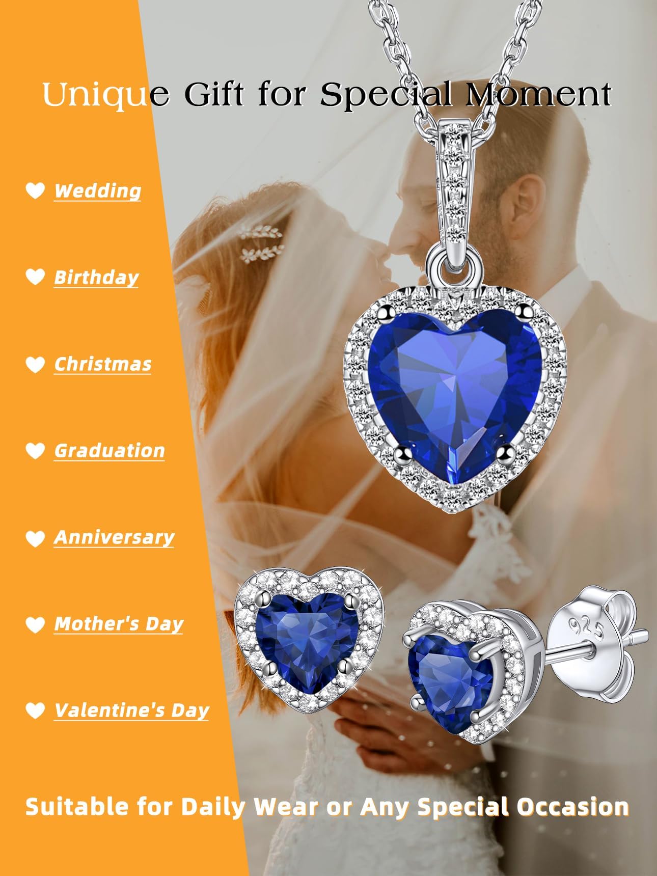 Bestyle Adorable September Sapphire Birthstone Stud Earrings 925 Sterling Silver CZ Heart Gemstone Studs Earrings Great Birthday Gift for Daughter/Wife/Mom/Grandma