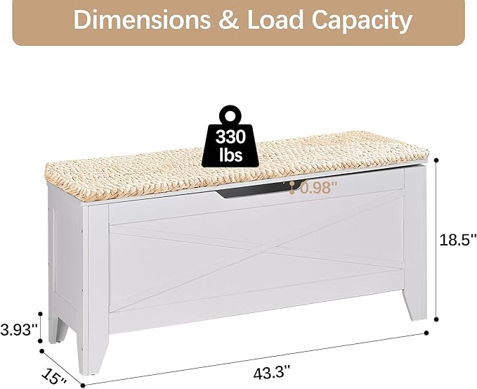 VECELO 43.3" Storage Bench, Entryway Shoe Ottoman, Farmhouse Style Bench with Handwoven Cushion and Metal Safety Hinges, for Bedroom, Living Room, Entryway, White
