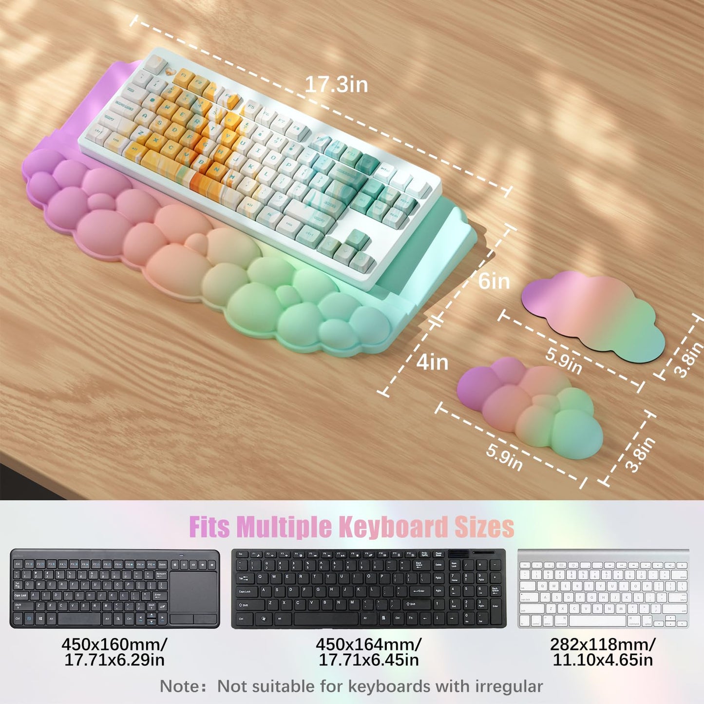 Ergonomic Wrist Rest for Keyboard, Soft Memory Foam Cloud Keyboard Stand Pad with Wrist Rest Set with Non-Slip Silicone Base, Easy Typing, Pain Relief, Comfort for Computer Laptop Mac - Rainbow