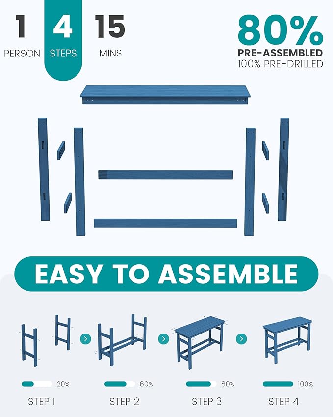 SERWALL Outdoor Bar Set - 2 Adirondack Bar Chairs & Bar Height Table with 1.6" Umbrella Hole, All-Weather HDPE Patio Furniture for Poolside, Backyard, Garden - Blue