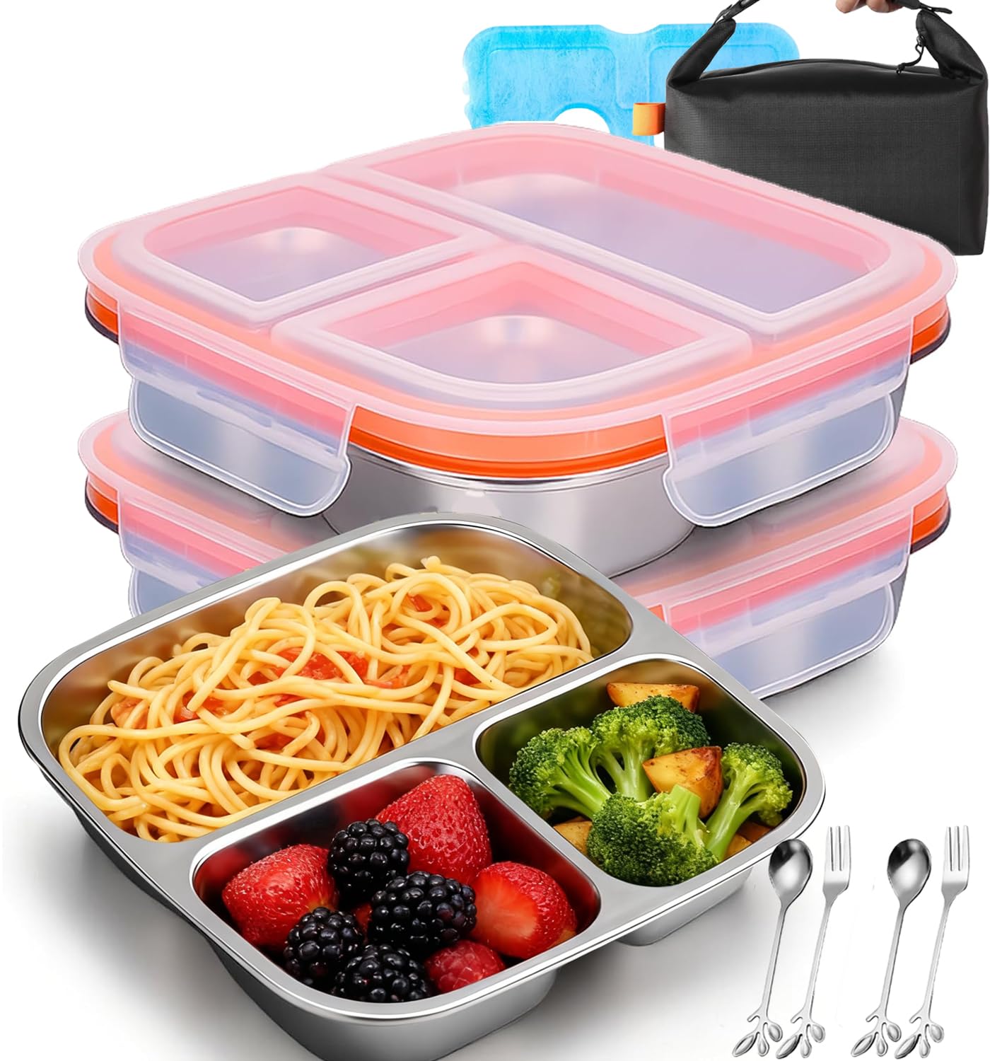 Stainless Steel Snack Box Container with Ice Pack & Lunch Bag for Man & Women - Bento Lunch Box Kit for School,office,Work,Travel,Camping, Reusable Lunch Meal Prep Containers Compartment Leak-Proof