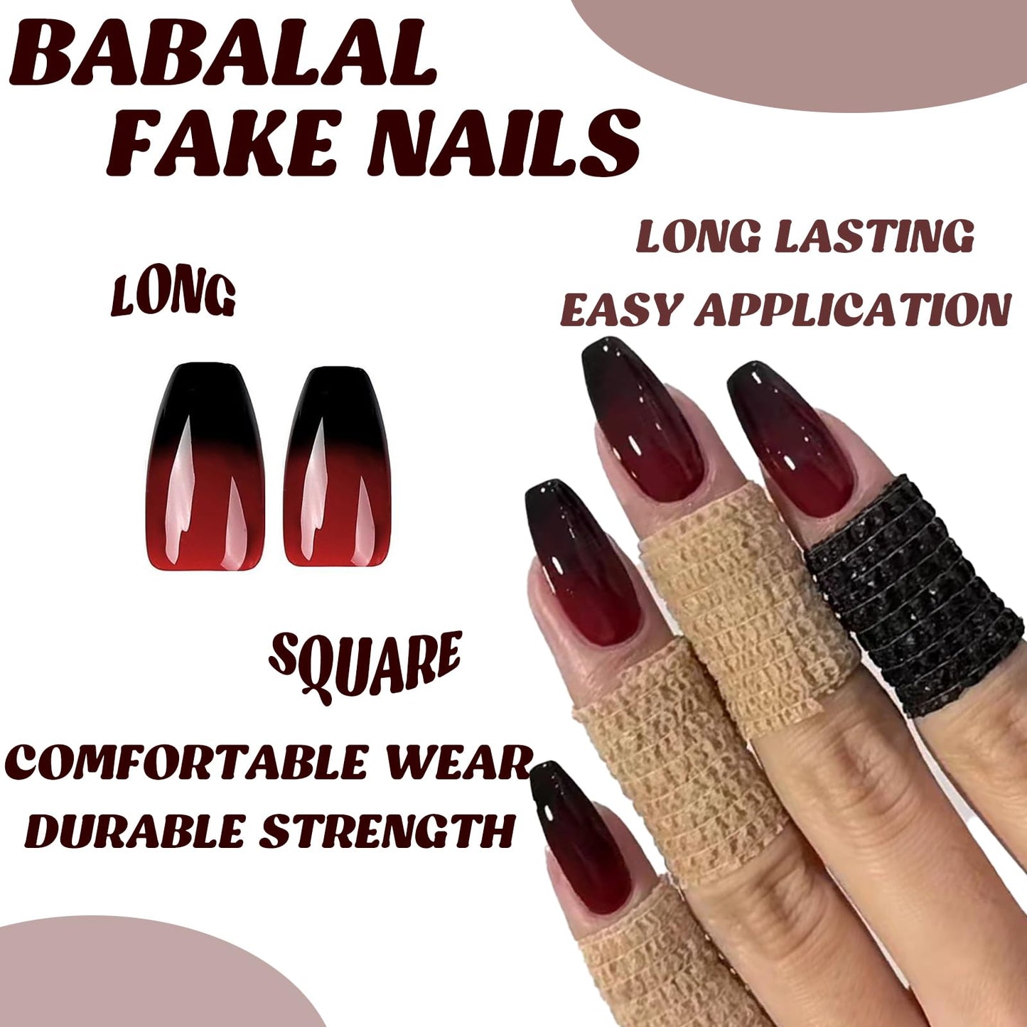 BABALAL Halloween Press on Nails Medium Coffin Fake Nails Black Red Goth Glue on Nails 24Pcs Glossy Ballerina Acrylic Nail for Women and Girls