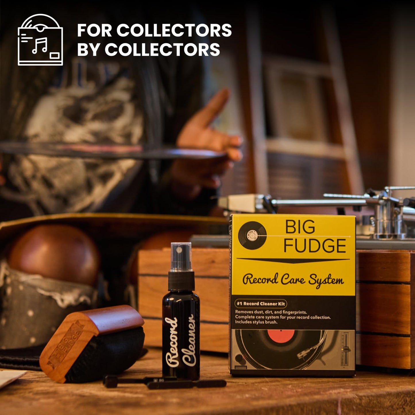 Big Fudge Vinyl Record Cleaning Kit - 4-in-1 Vinyl Record Cleaner Kit for Records Includes Ultra-Soft Velvet Brush Cleaning Liquid Stylus Brush and Storage Pouch - Pro Records Care