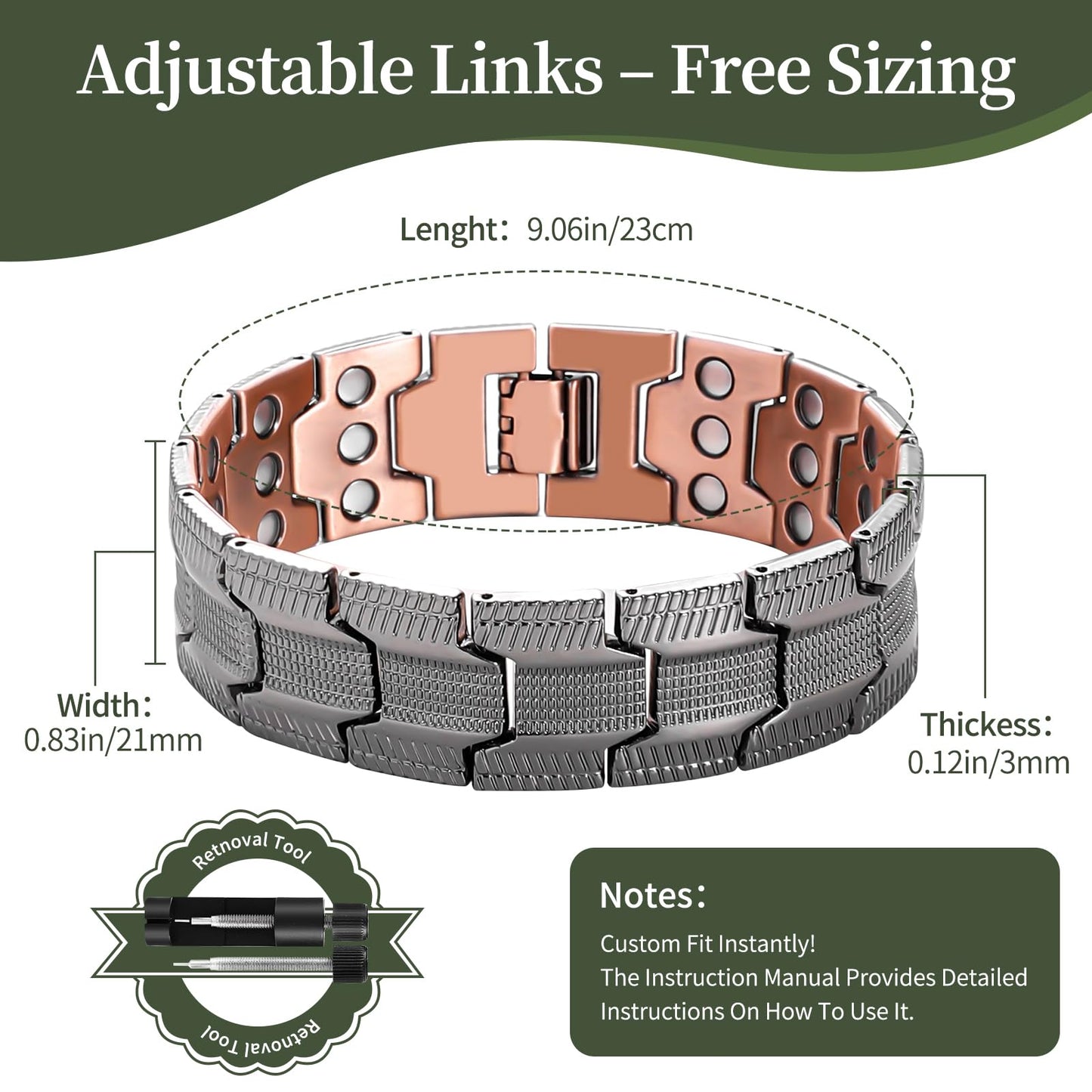 Fvbber 3X Magnetic Bracelets for Men Triple Strength Magnets with Pure Copper Adjustable Length Bracelet for Wrist Support & Wellness - Includes Sizing Tool and Gift Box (Black)