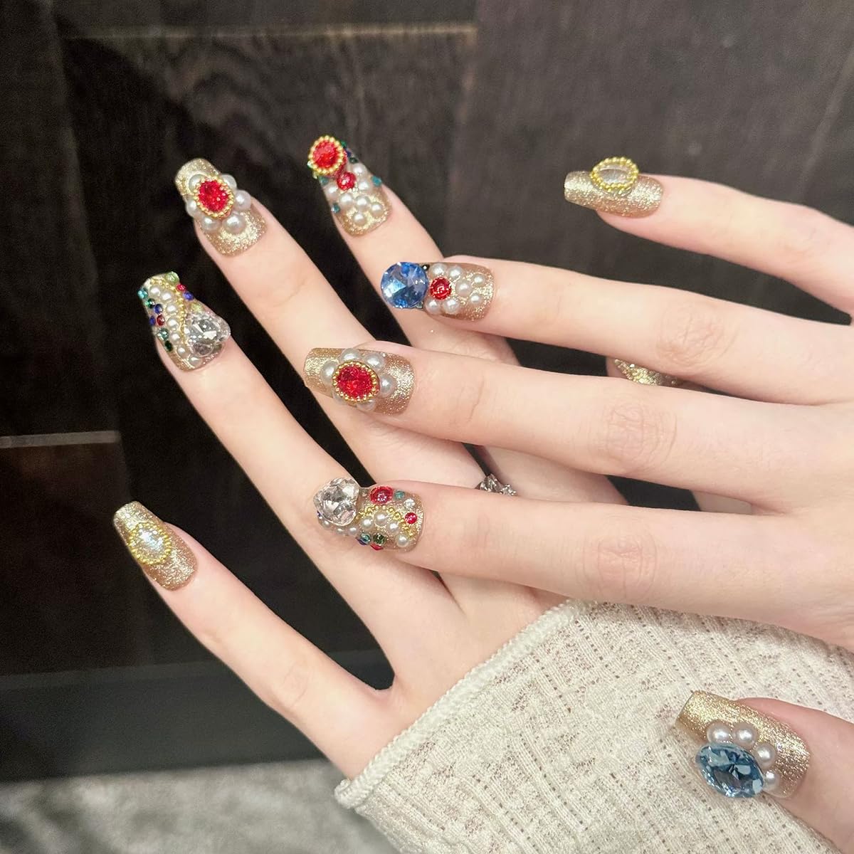 Handmade Press on Nails Long Coffin False Nails Gold False Nailswith 3D Rhinestones Designs Charm Cute luxury Sparkly Acrylic Nails for Women (Size M）10pcs