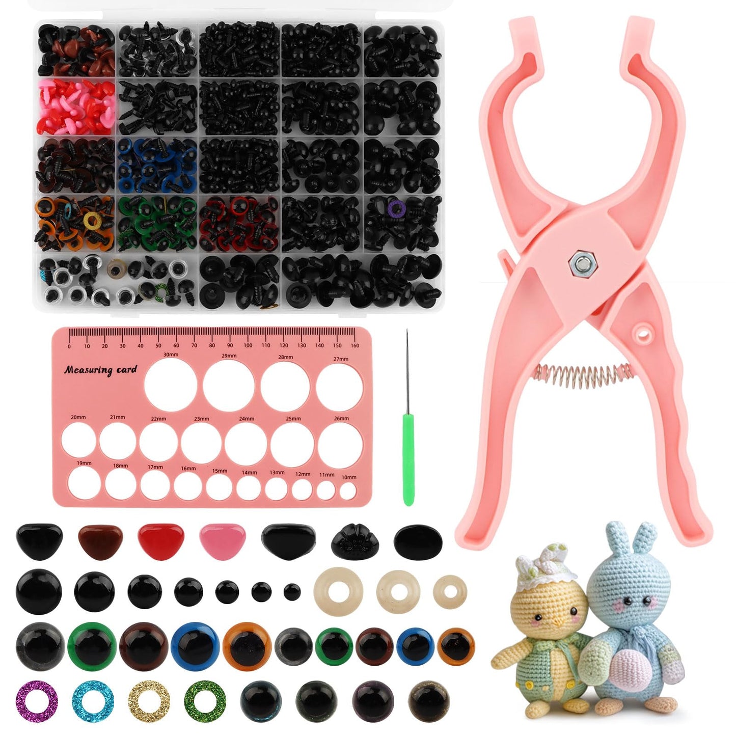 Safety Eye Tool Set with 10–30mm Sizer, Ergonomic Non-Slip Handle, 1150pcs Safety Eyes and Noses Kit for Crochet Amigurumi Dolls and Stuffed Animals, Includes Measuring Ruler and Installing Tool