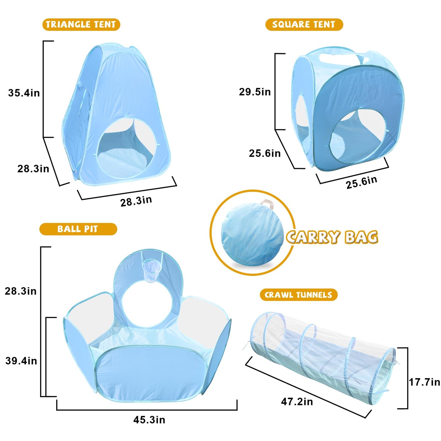 Action Air Kids Play Tent Set with Tunnel and Ball Pit, 5-in-1 Pop Up Playhouse for Toddlers 1-3 (Blue, Green)