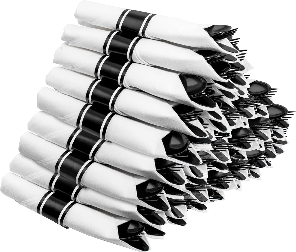 Supernal 60 Pack Hevy Duty Rolled Black Plastic Silverware,Pre Wrapped Cutlery with Napkins, Rolled Plastic Forks and Spoons, Black Disposable Silverware Suit for Party, Birthday