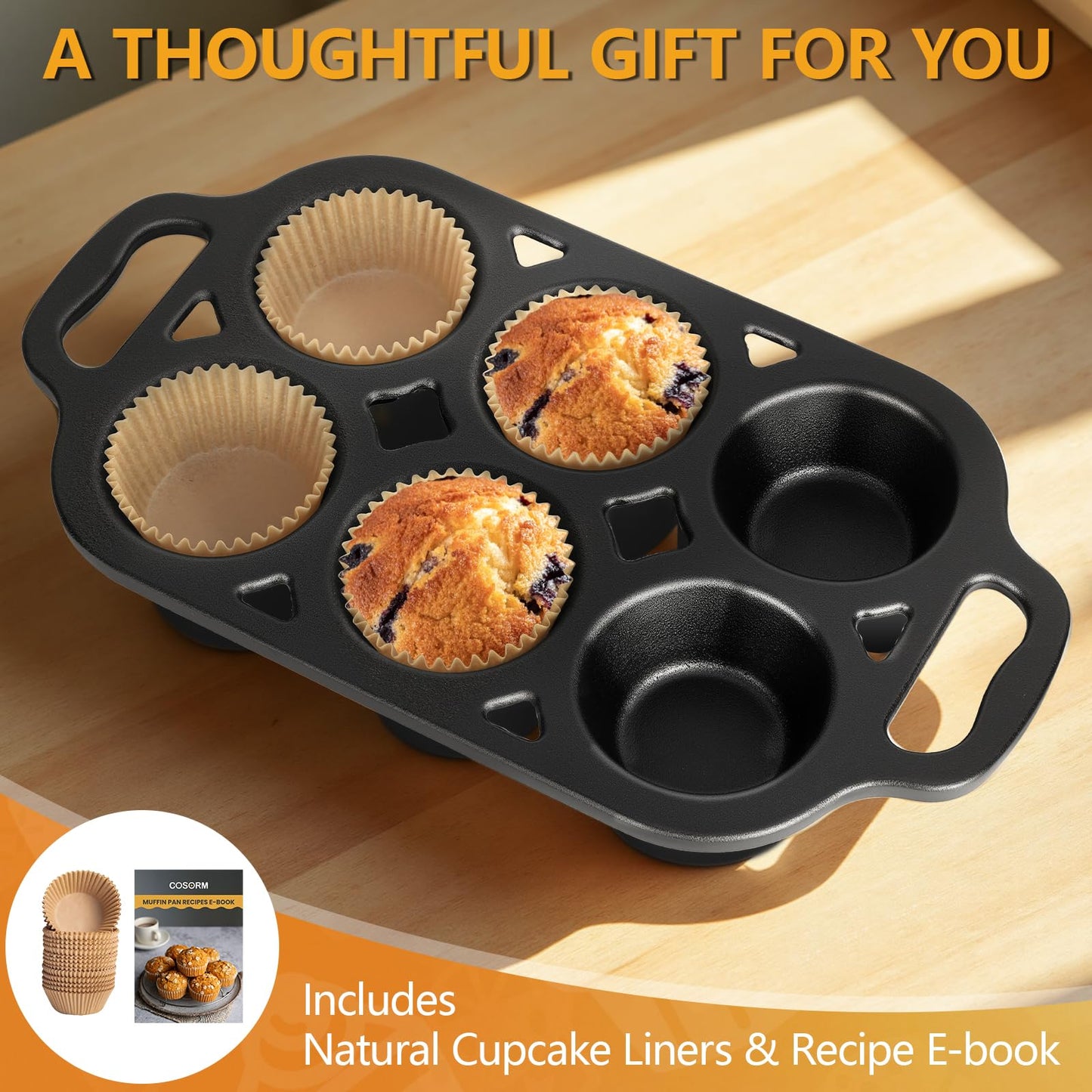 COSORM 6 Cup Cast Iron Muffin Pan - Pre-Seasoned Nonstick Muffin Tin, Regular Size Cupcake Baking Pan