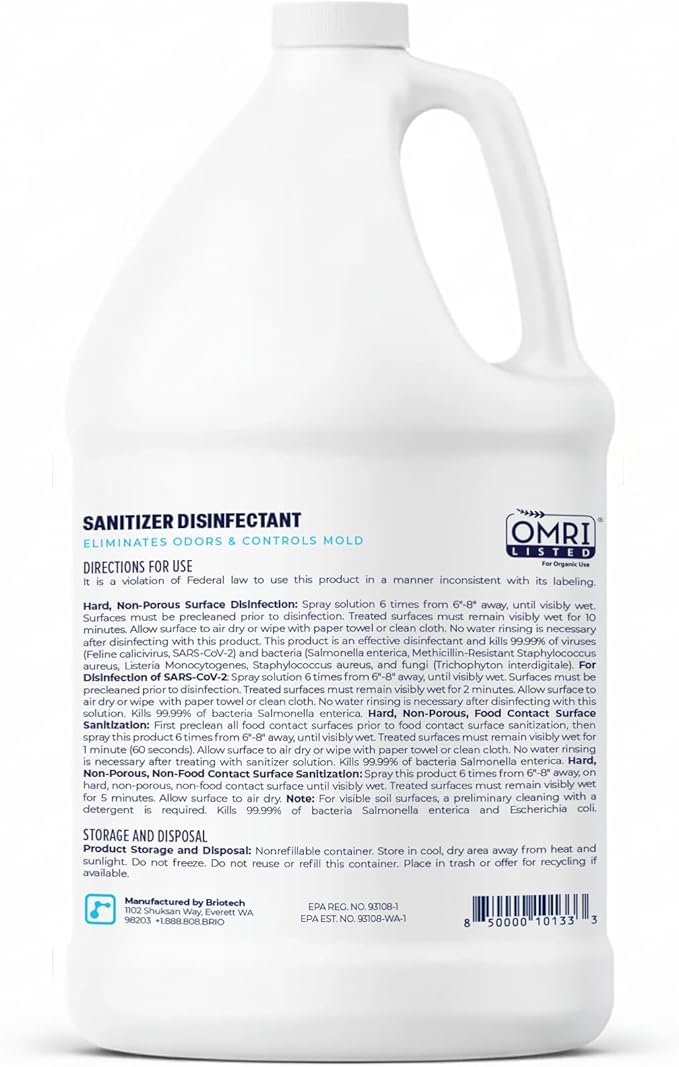 BRIOTECH Sanitizer Disinfectant Hypochlorous, Kill 99.99% of Viruses & Bacteria, Control Mold, Eliminate Odor, Gentle for Nursery & Play Rooms, Food Contact Surface Sanitizer, 1 Gallon Refill (2 Pack)