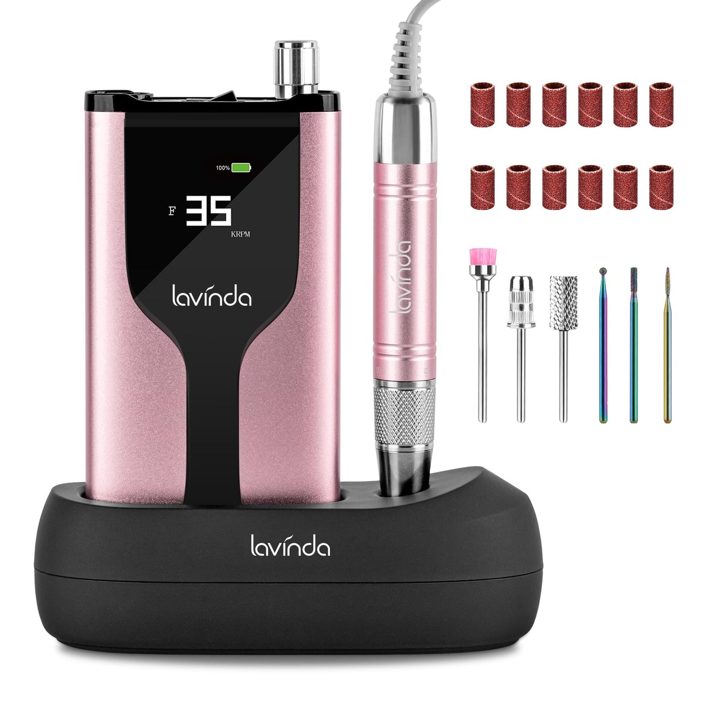 Lavinda Professional Rechargeable Nail Drill Machine, Cordless 35,000RPM Skyspace Brushless Nail Drill, Portable Electrical Nail File for Acrylic Nails with Protective Case, Rose Gold