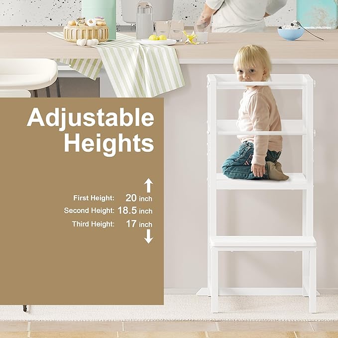 Kitchen Step Stool for Toddlers, Height Adjustable Toddler Tower with Safety Rail, Steel and Wood Toddler Kitchen Stool Helper Kids, Stool for Kids, Learning Tower, Kids' Desk White