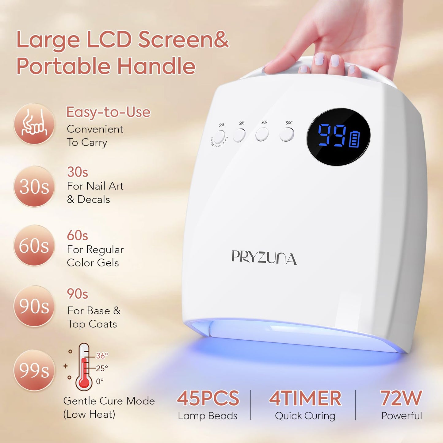 UV LED Nail Lamp, 72W Cordless UV Light for Gel Nails, Professional Fast Curing Rechargeable Nail Dryer with 4 Timers, 45 Beads, Smart Sensor, Retractable Foot Stand, Portable Handle for Salon & Home