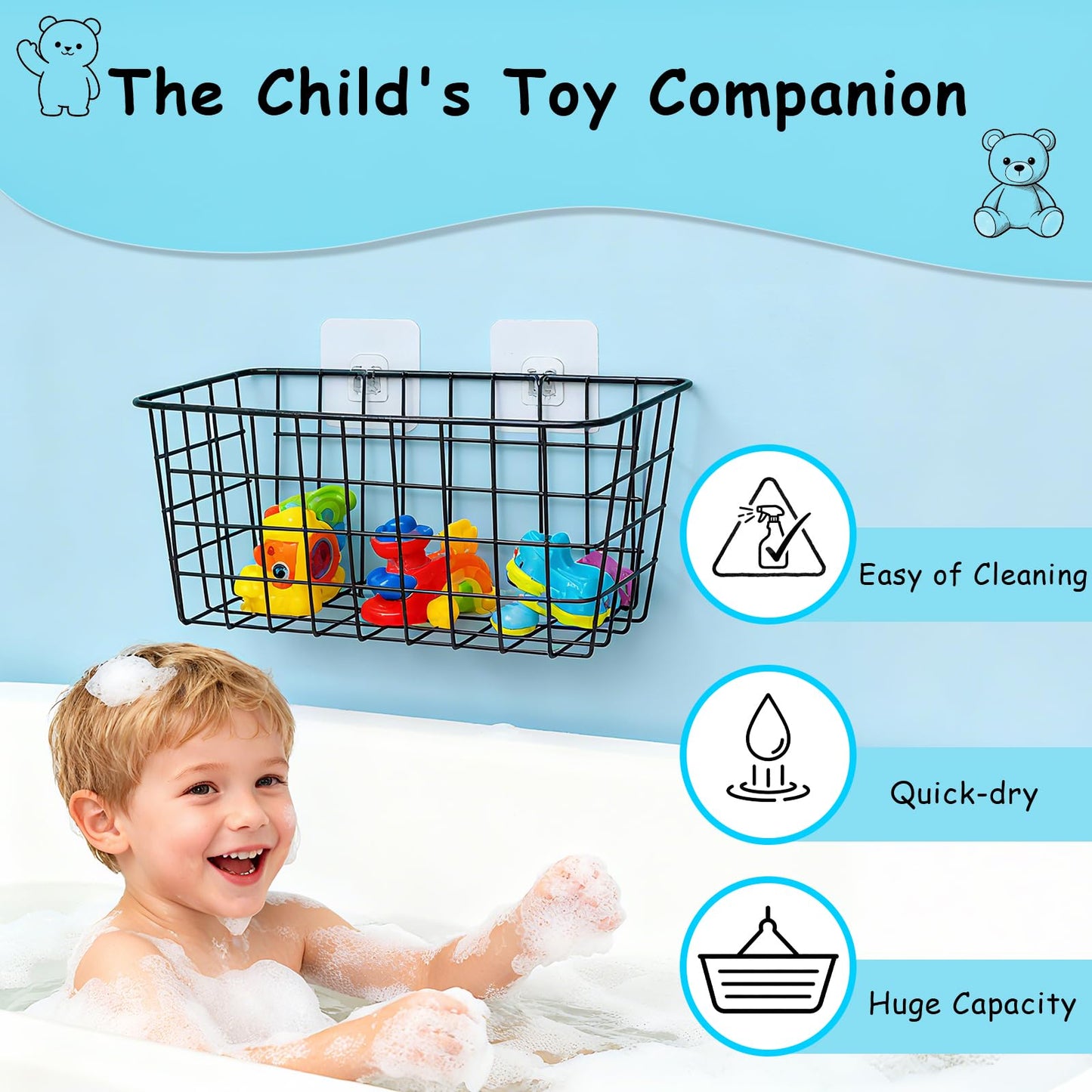 Hanging Bath Toy Storage Basket - 2 Pack Metal Bath Toy Holder with Hooks - Bathtub Toy Storage Organizer for Baby Bath Kids Shower Bathroom