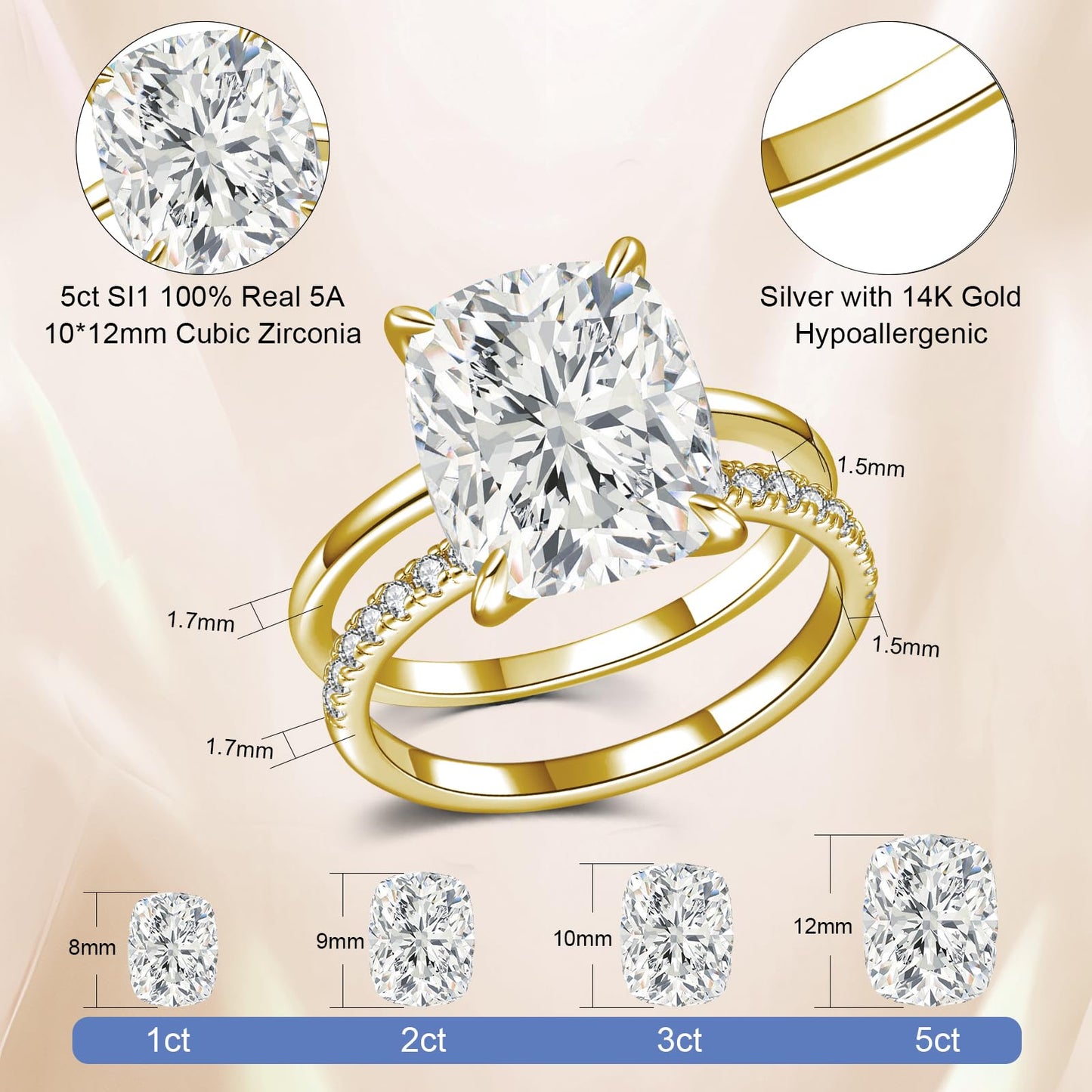 AVECON 5CT Elongated Cushion Cut Engagement Ring Set for Women, Wedding Promise Cubic Zirconia Band, 14K Gold Plated Stackable Adjustable Bridal Half Eternity Open Rings, Size 6