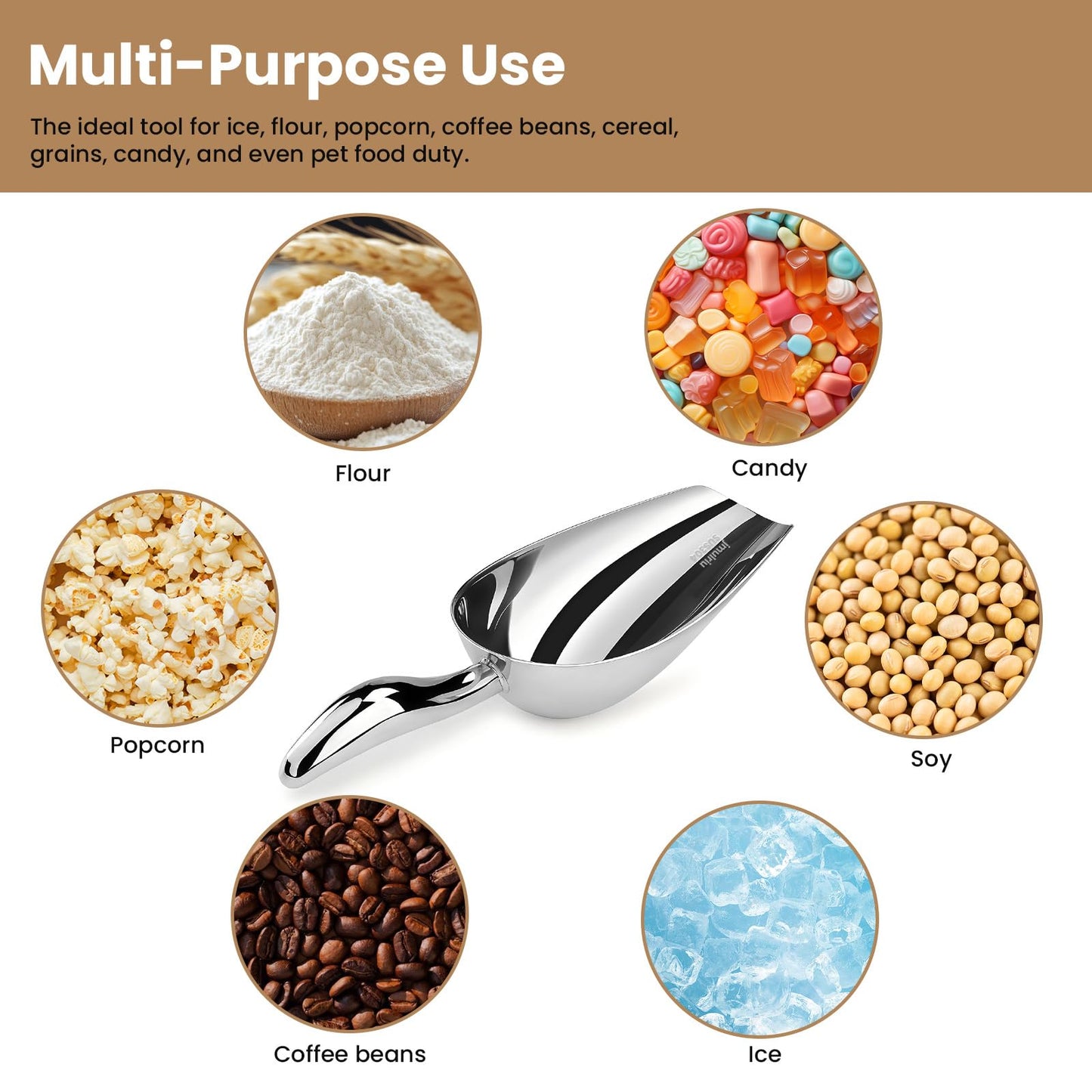 12 Oz 304 Stainless Steel Ice Scoop for Freezer & Ice Machine – Heavy Duty Metal Scooper, Dishwasher Safe, Multi-Purpose for Kitchen, Bar, Party, Wedding (Ice, Flour, Dry Goods)