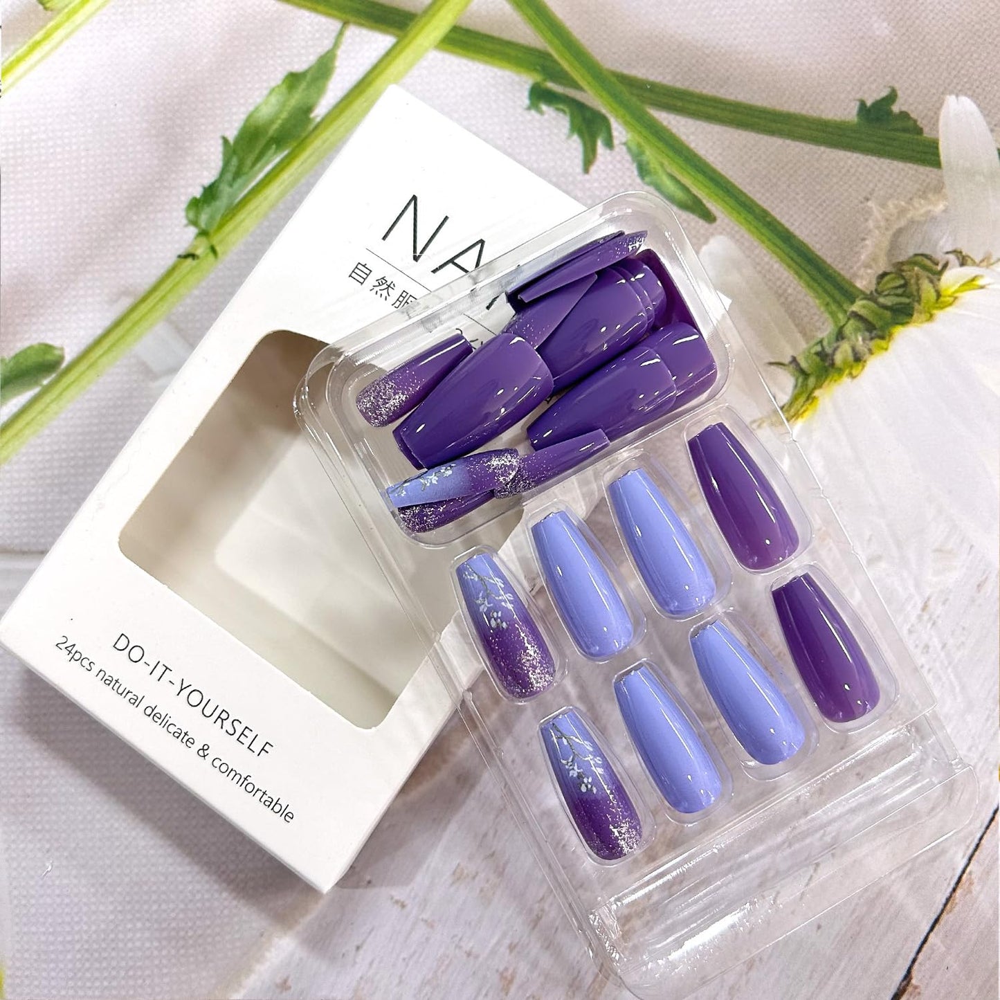 CJDLTS Light Purple False Nails Gradient Press on Nails Medium Ballet Shaped Nails Flower Pattern Design French Stick on Nails Cute Fake Nails Artificial Coffin Nails Acrylic Glue on Nails for Women