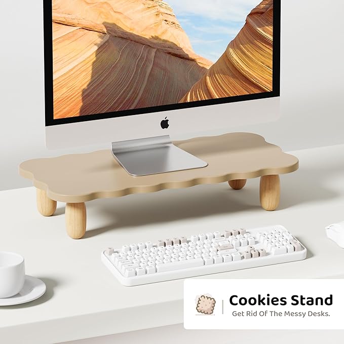 AFOOYO Monitor Stand Riser,Cookie-Shaped Sturdy Wood Computer Monitor Stand, Monitor Stand Riser, Multi-Purpose Desktop Organizer Riser for Computer,Laptop,Printer,TV,khaki