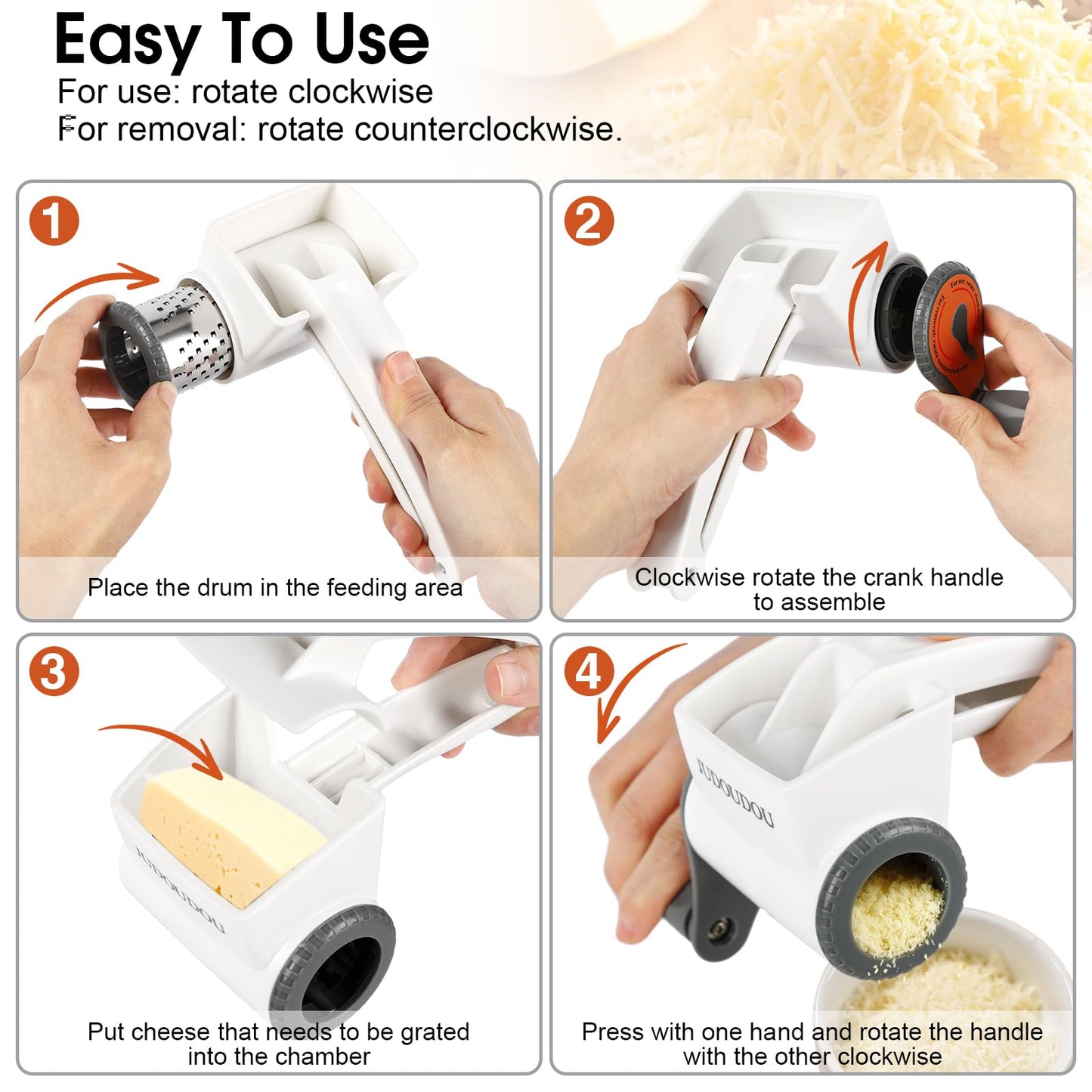 JUDOUDOU Cheese Grater Hand Crank - Classic Rotary Cheese Grater, Parmesan Cheese Shredder Handheld with 3 Stainless Steel Drums, Can be used for Hard Cheese, Chocolate and Nuts - Dishwasher Safe