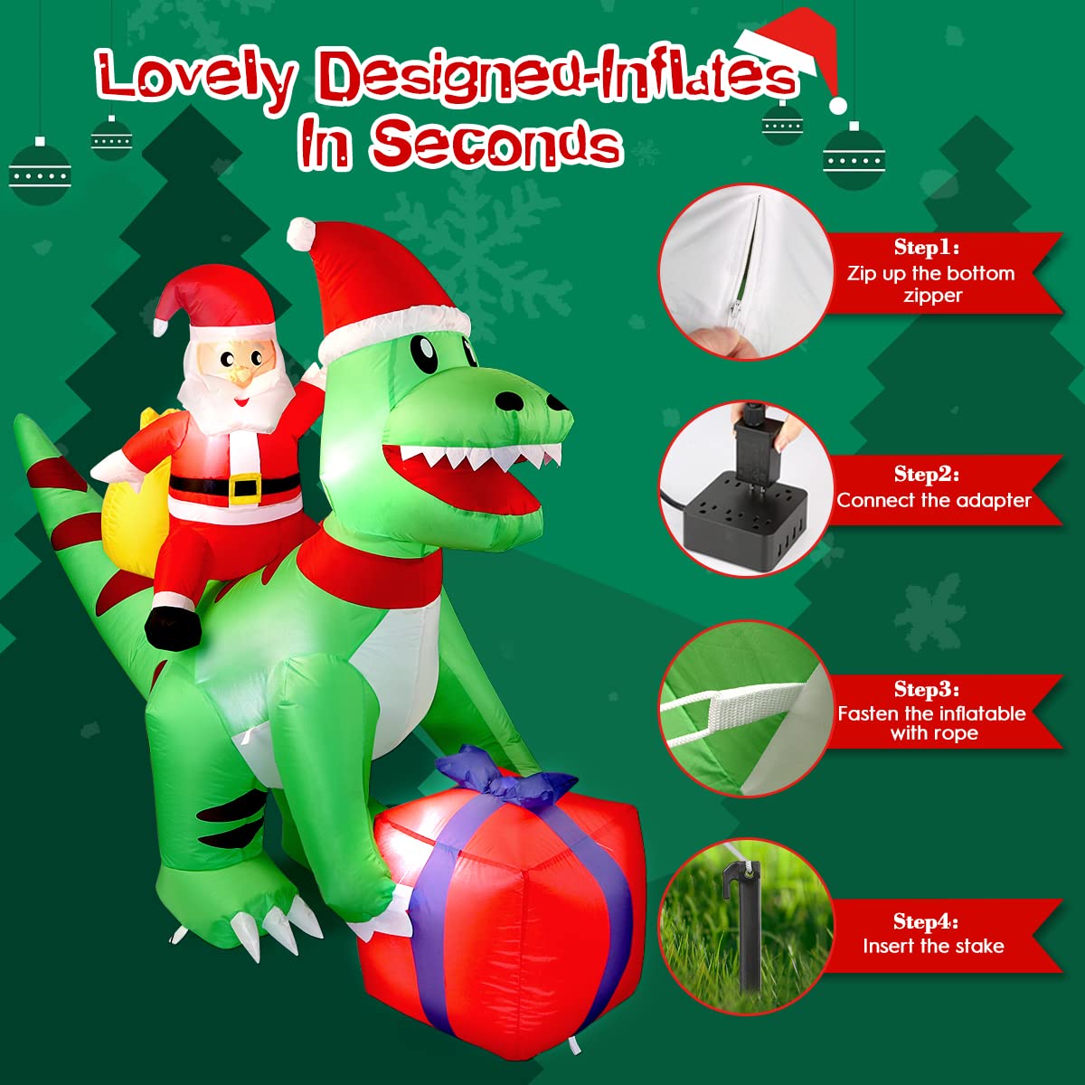5 Ft Christmas Inflatable Dinosaur with Santa, LED Lights, Indoor Outdoor Holiday Yard Decor, Green T-Rex with Gift Box
