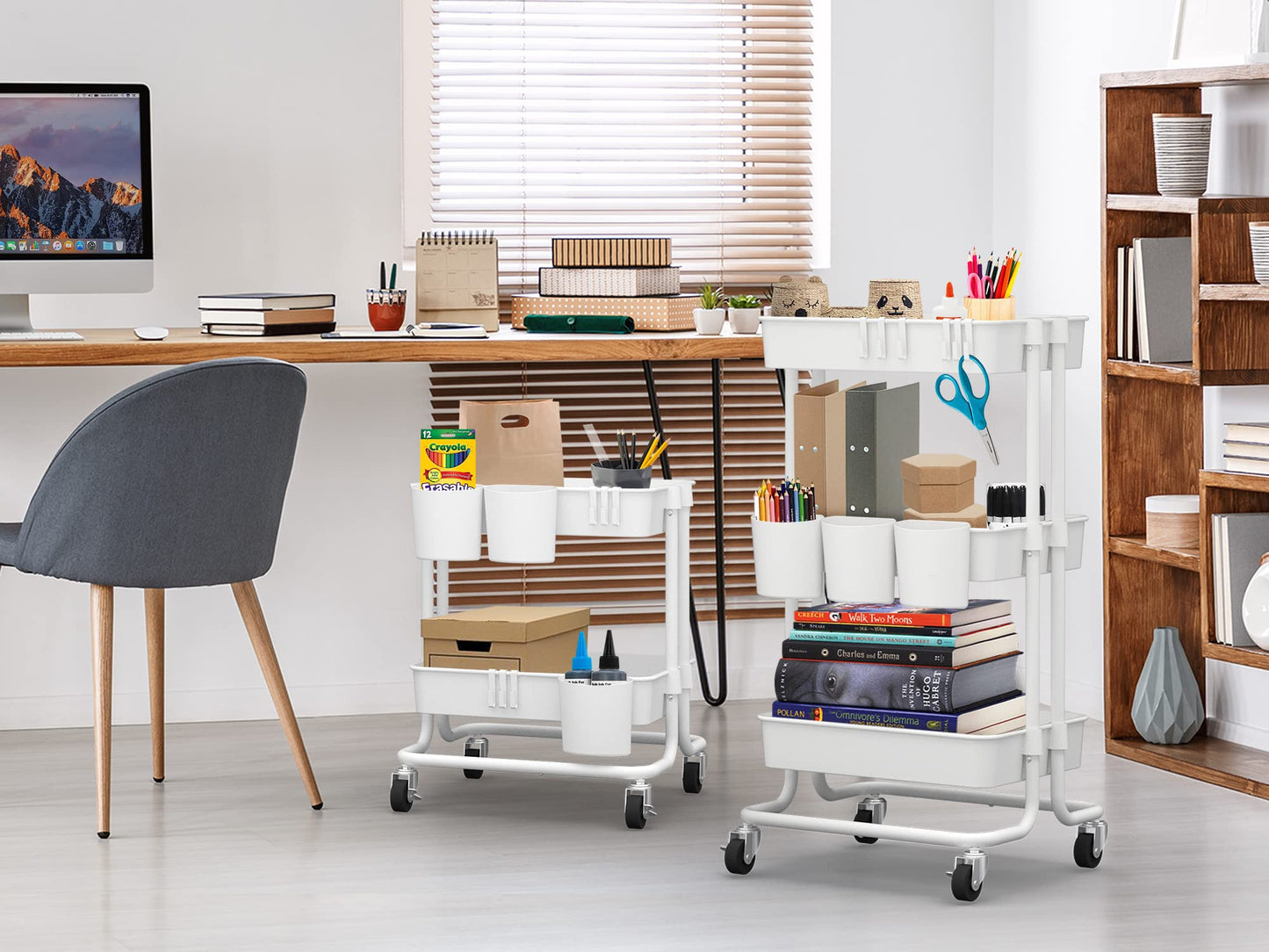 CAXXA 3-Tier Rolling Storage Organizer with 3 Small Baskets - Mobile Utility Cart with Caster Wheels (White)