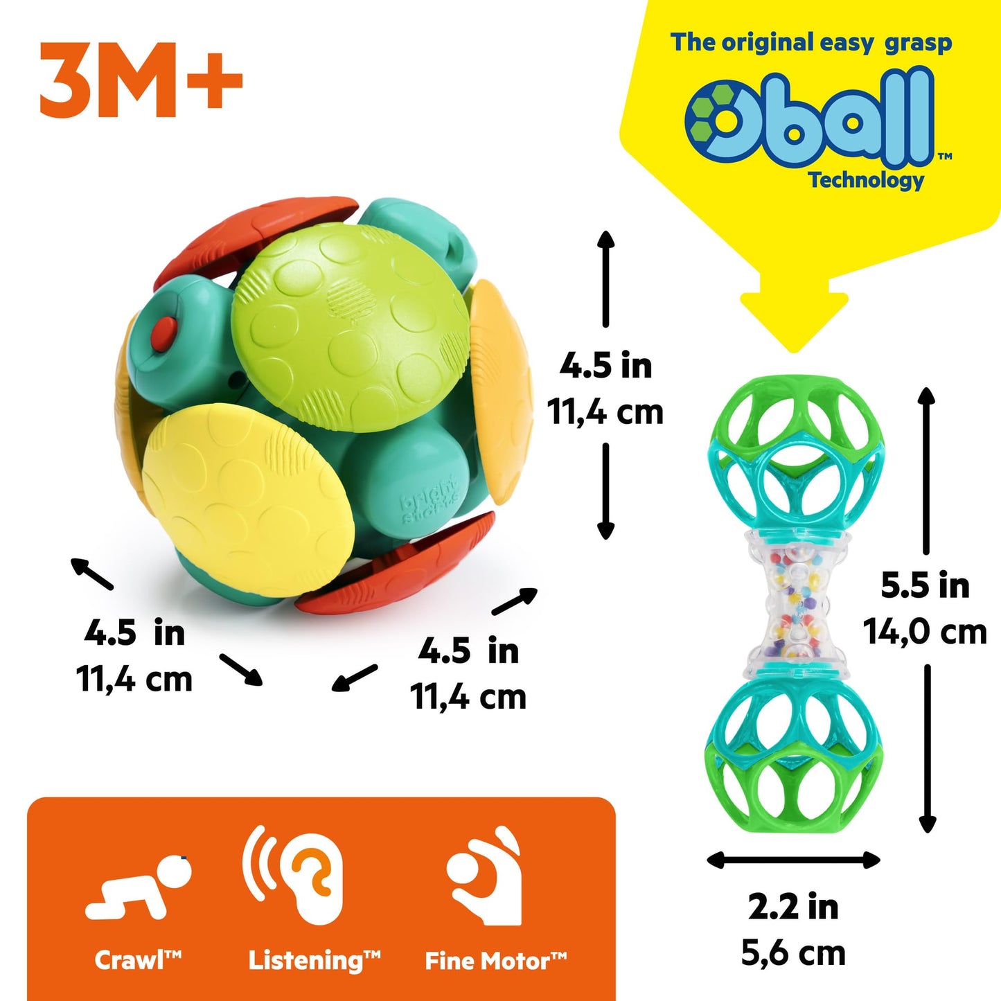 Bright Starts Wobble & Rattle Gift Set 2-PK Baby Toys, Rattles & Ball Toys, Crawl & Chase, Cause and Effect Learning, Unisex, 3-6 Months and Up