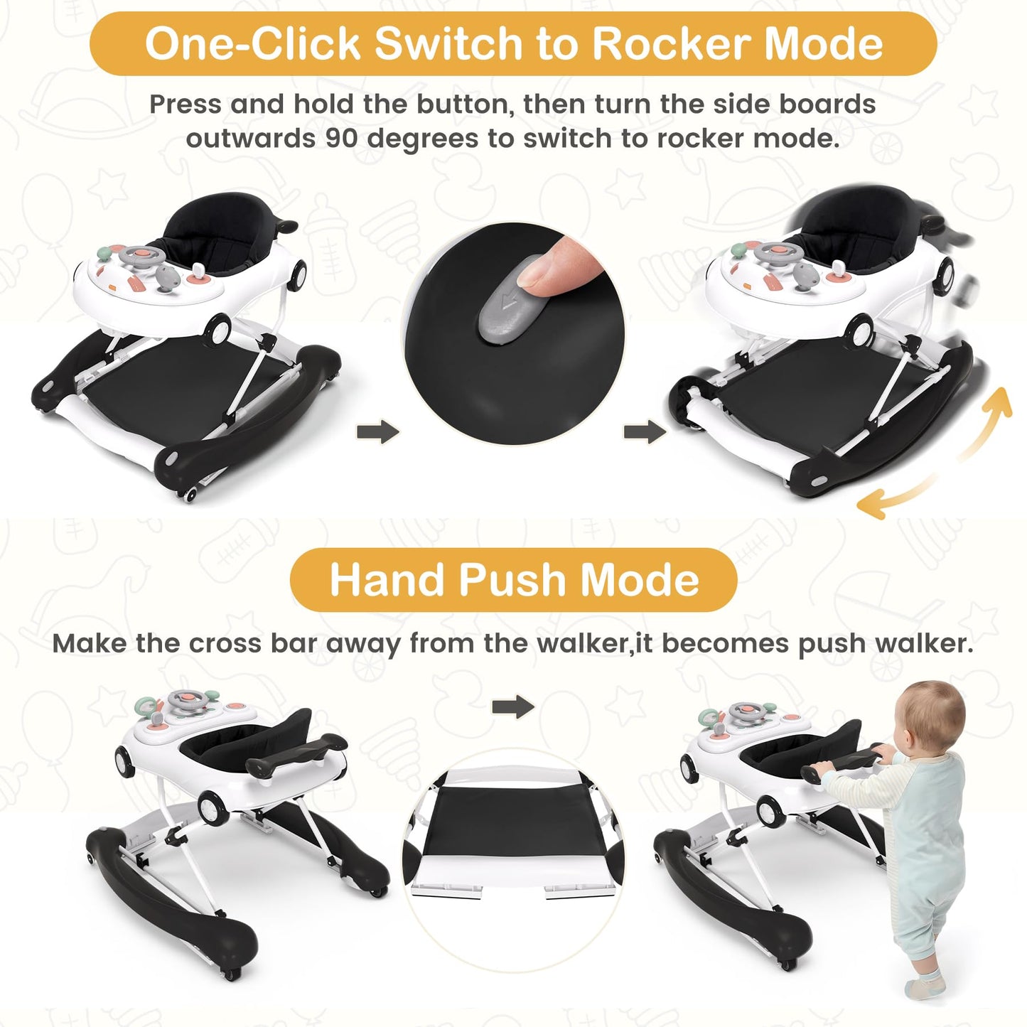 Baby Walker, 5-in-1 Baby Walker for Boys and Girls with Bouncer, Removable Footrest, Music, Foldable & Adjustable Speed Wheels Activity Walker for 6-18 Months Toddler Infant(Black)