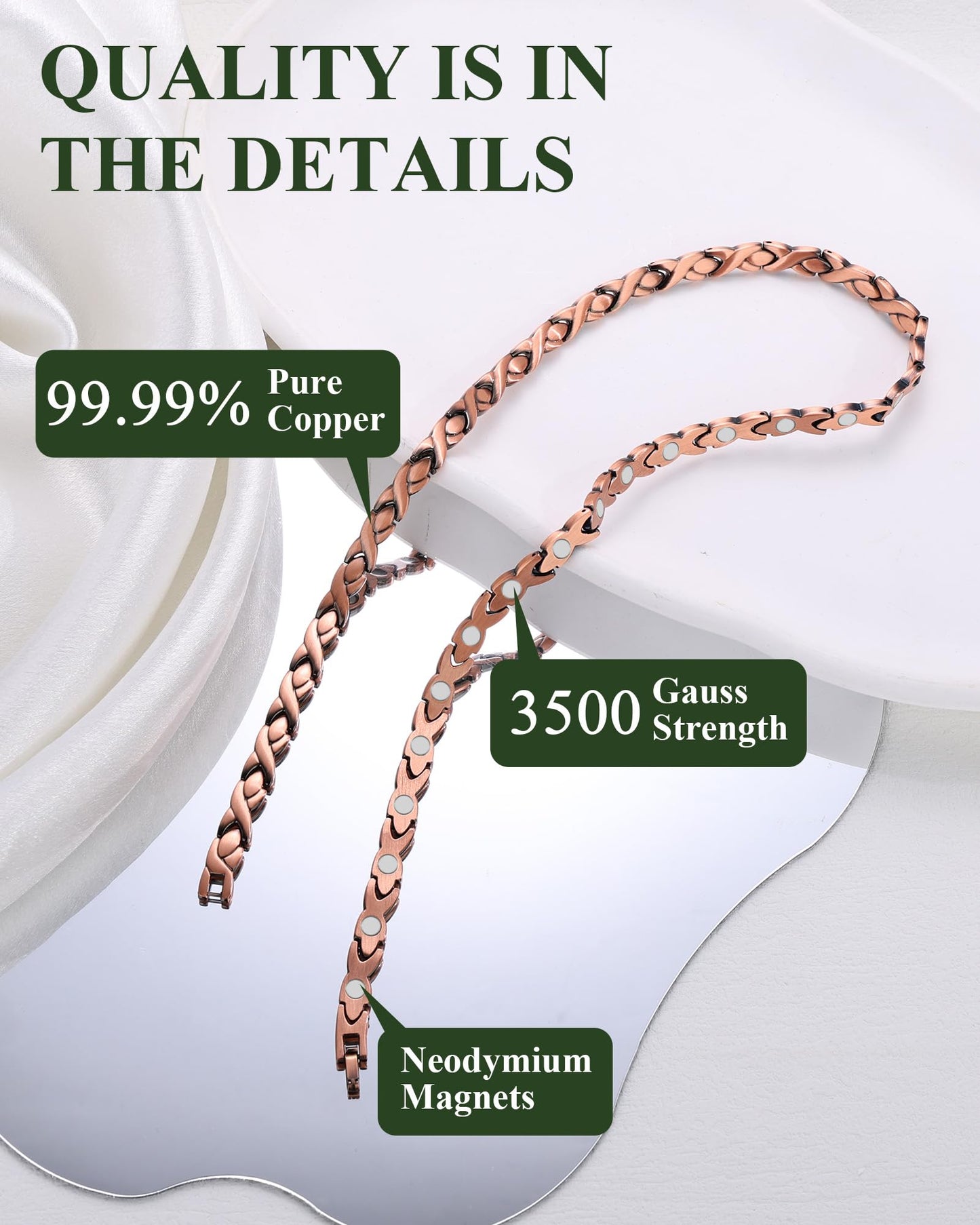 Fashtour Copper Necklace for Men Women, 99.99% Pure Copper Magnetic Chains Necklace with 3500 Gauss Ultra Strength Neodymium Magnets, Adjustable Jewelry Gift with Sizing Tool (Copper 006)
