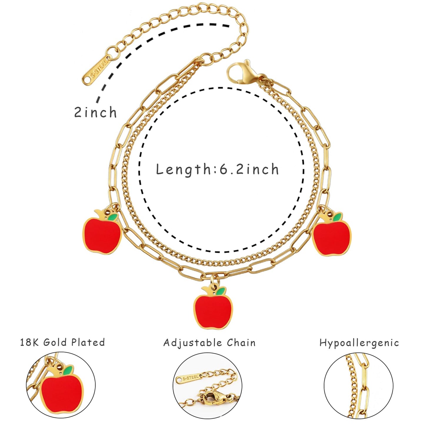 LCTrusttmor Gahna Apple Bracelets for Women, 18K Gold Plated Apple Fruit Charms with Adjustable Layered Chain Link for Women Summer Jewelry Gifts