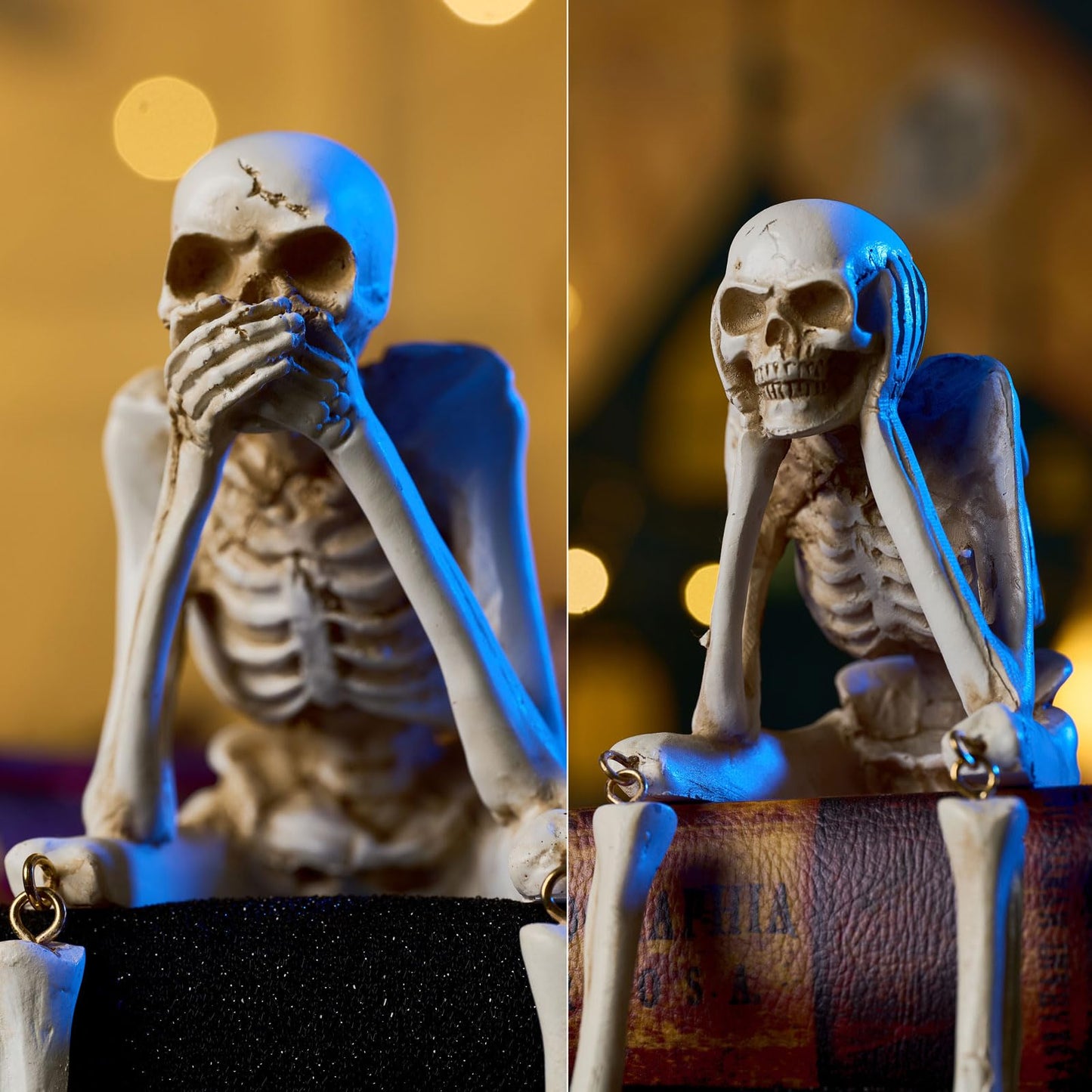 HOLIHIFI Halloween Skeleton Decor Indoor Hear See Speak No Evil Skeletons for Mantel Shelf, Set of 3 Resin Funny Skeleton Decorations