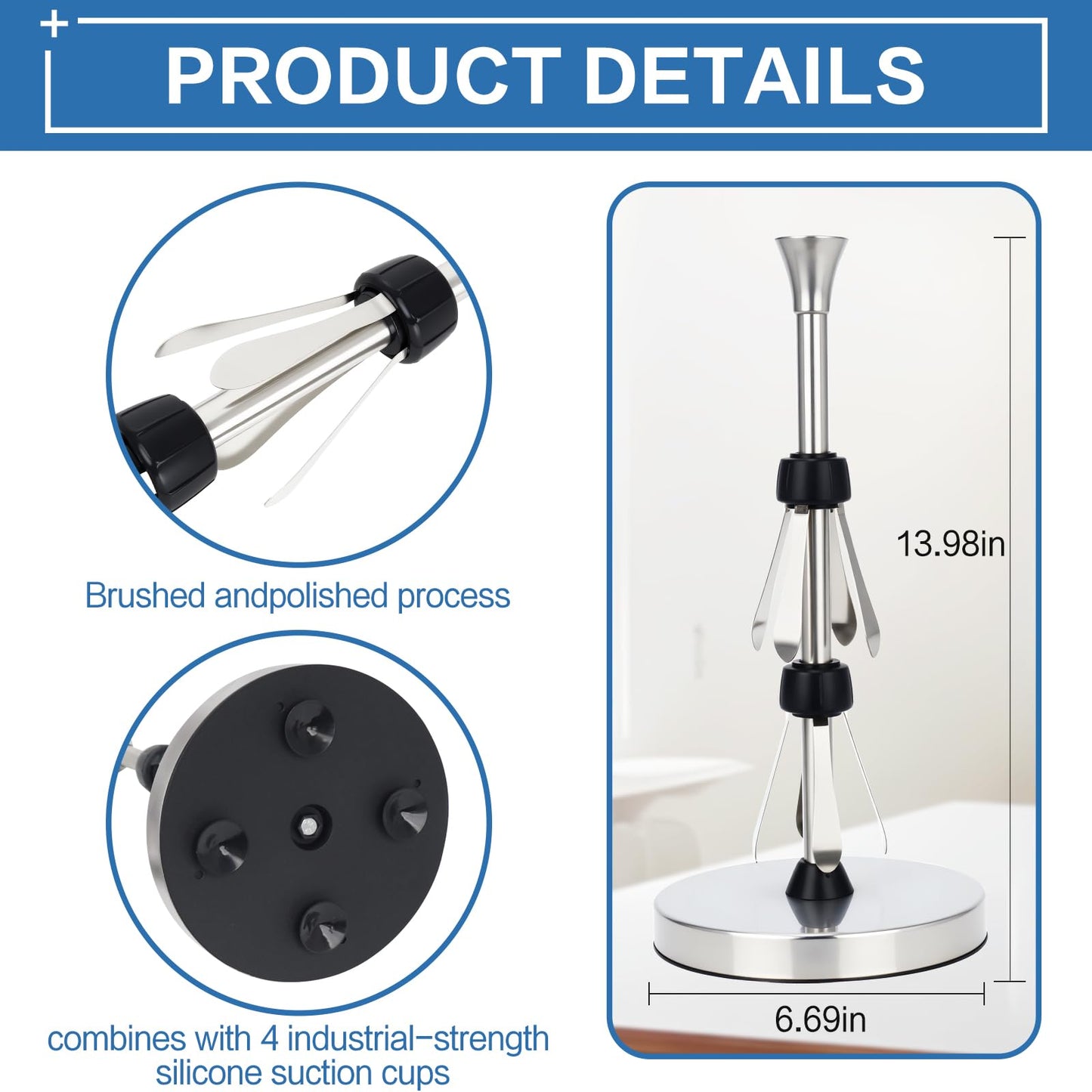 Paper Towel Holder Countertop with Suction Cups - Heavy Duty (2.9 lbs) Stainless Steel Paper Towel Dispenser, One-Hand Tear for Kitchen, Fits Standard & Mega Rolls