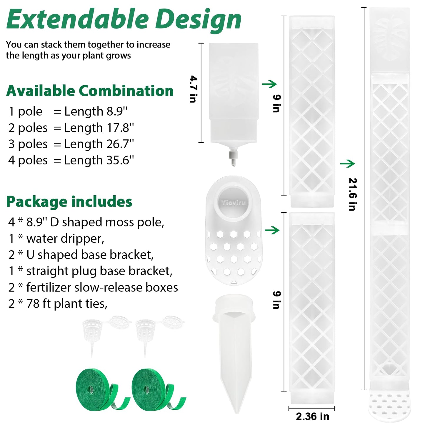 4 Psc 9 Inch D Shaped Moss Pole with Watering Dripper, Plastic Moss Poles for Climbing Plants, Sturdy Monstera Plant Support, Self Watering Moss Pole Kit for Plants Indoor(Translucent)