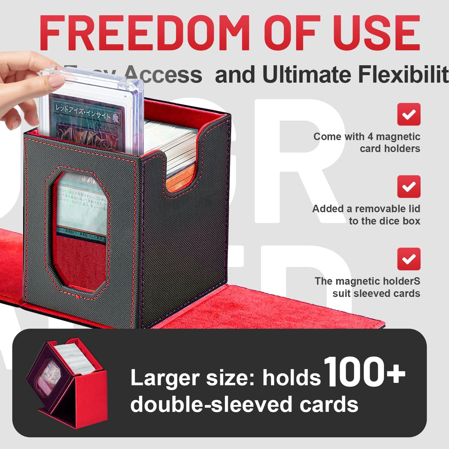 Trading Card Storage Box with Commander Display for MTG, TCG, Sports Cards, 5-in-1 Card Deck Box, Holds 450+ Double-Sleeved Cards, 4 Individual Deck Cases with Covers, Dice Tray & Magnetic Holders