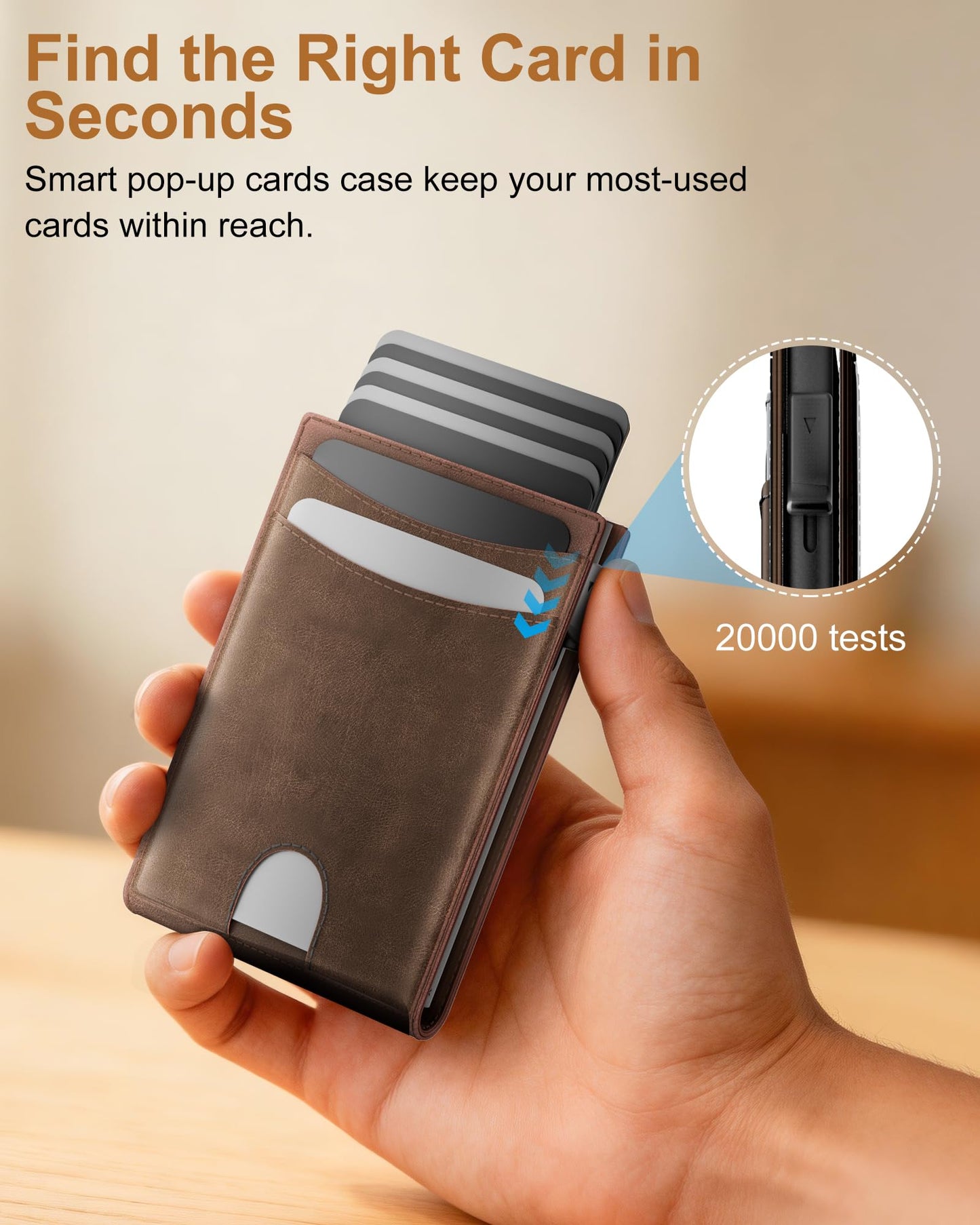 ERUSEHE Wallet for Men: Pop Up Card Case, RFID Blocking, Slim, Minimalist, Genuine Leather, Front Pocket, Smart, Thin, Compact, Magnetic Flap Closure - 2 ID Windows, Up to 12 Cards & 15 Bills (Brown)