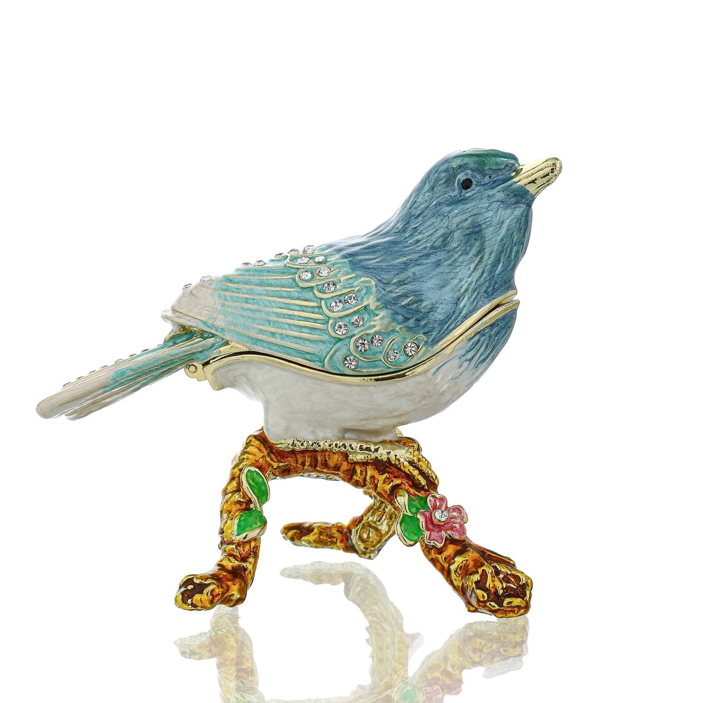YU FENG Enamel Bird Trinket Box Jewelry Organizer, Hand Painted Decorative Hinged Keepsake Box – Blue Green Perched Bird