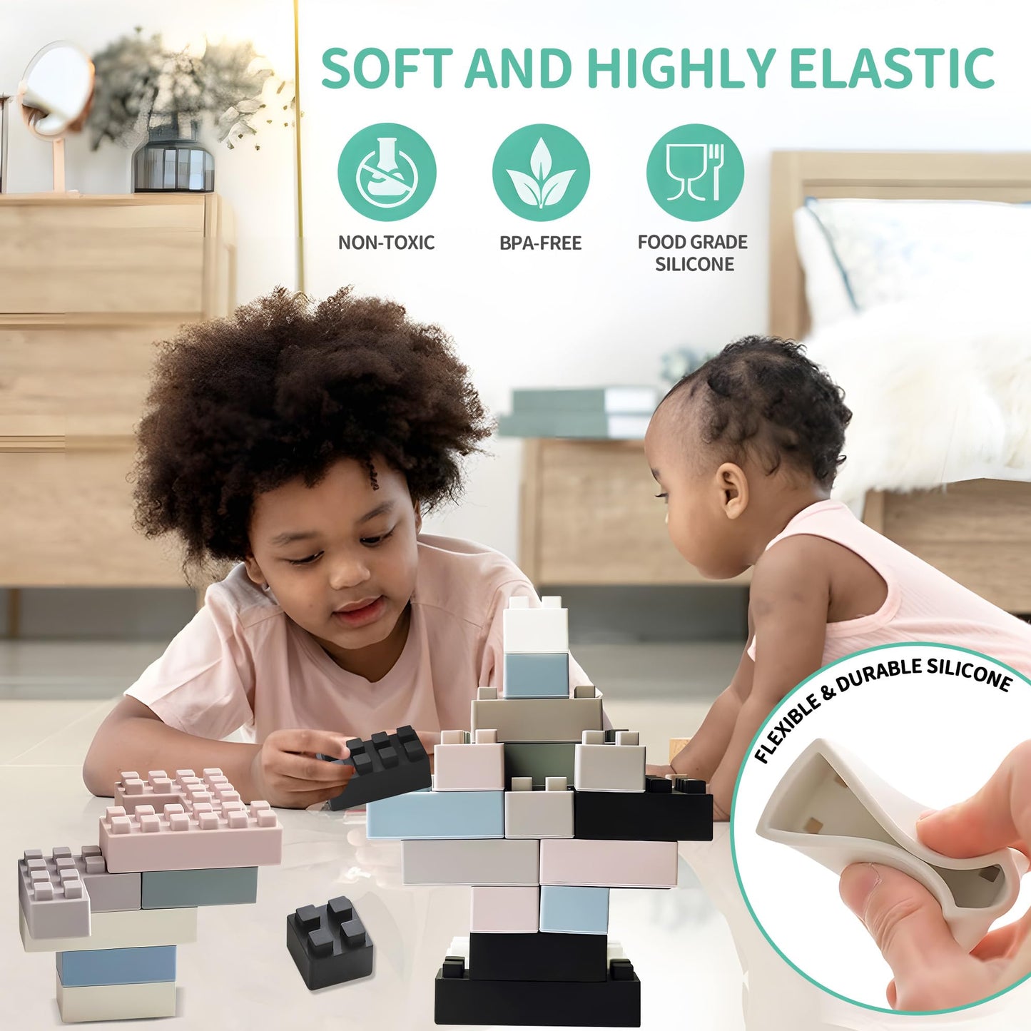 Montessori Toys Bundle – Sensory Balls for Toddlers & Silicone Blocks 24PCS, Multiple Textures Hand Catching Baby Balls, Baby Rattle 3-6 Months, Stacking Soft Blocks for Babies 1-3, Educational Play