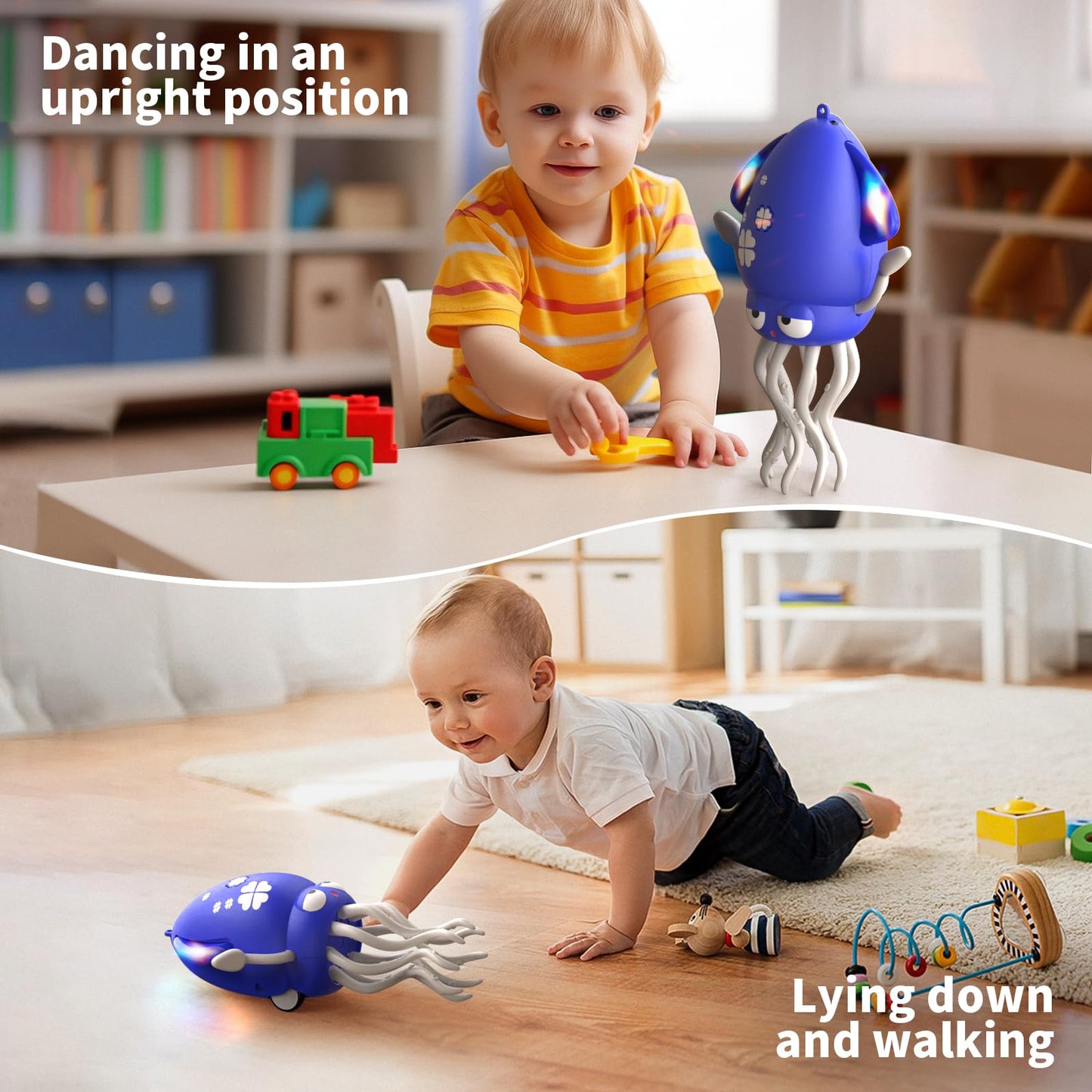 SWTOIPIG Interactive Dancing Octopus Toy,LED Light-Up Music Crawling Squid with Smart Obstacle Avoidance & Fishing Rod,Tummy Time Baby Toy (Blue)