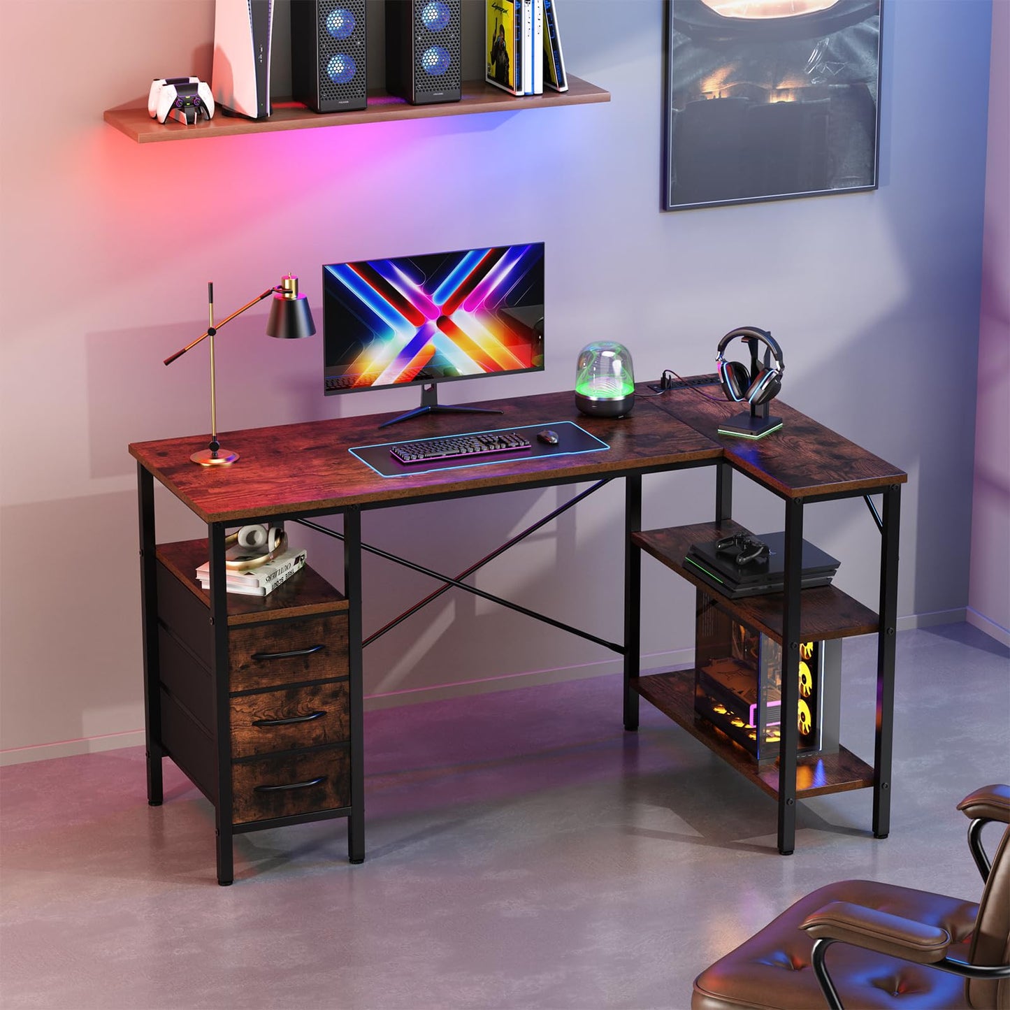Simple Deluxe L Shaped Gaming Desk with Power Outlets, 47 Inch Computer Desk with 3 Drawers, Shelves, Corner Computer Desk for Gaming, Corner Work, Home Office, Study, Rustic Brown