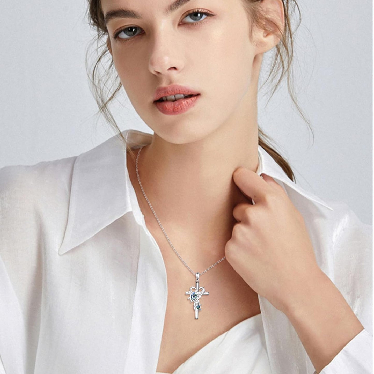 POPLYKE Cross Turtle Necklace for Women 925 Sterling Silver Cross Necklace Abalone Shell Turtle Jewelry for Women
