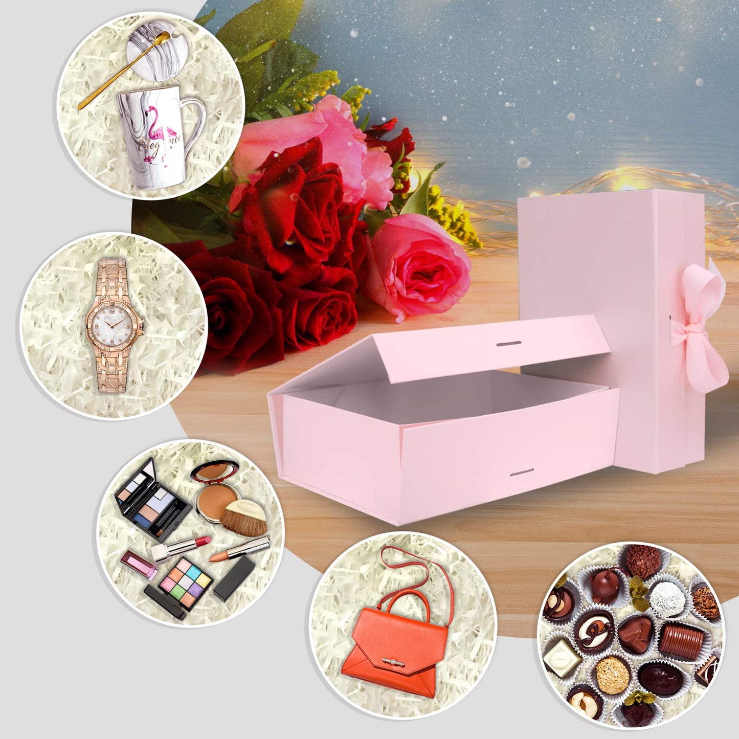 DaiUni 13"X9"X4" Large Pink Magnetic Gift Box with Lid and Ribbon for Presents