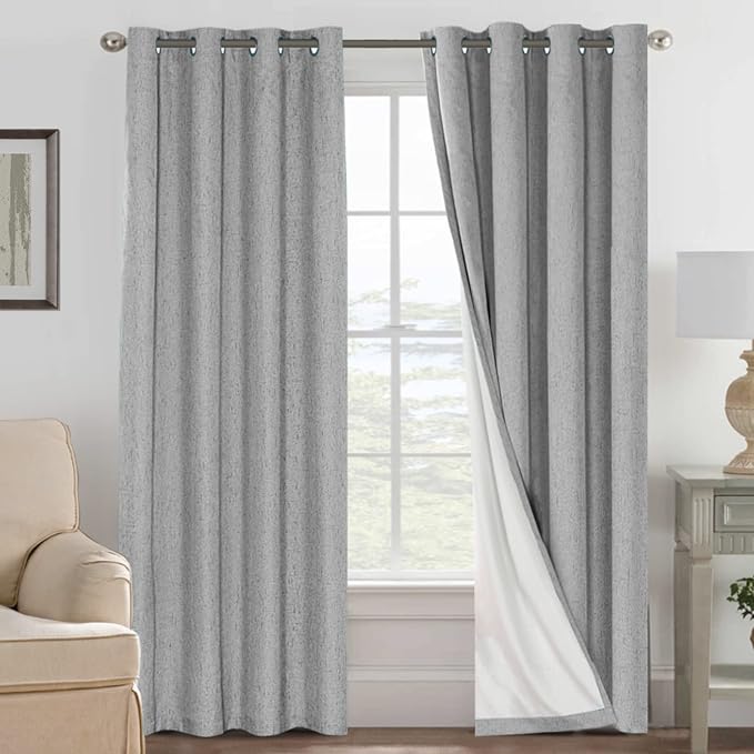 H.VERSAILTEX Linen Blackout Curtains 96 Inches Long, 100% Absolutely Blackout Thermal Insulated Textured Linen Look Curtain Draperies for Living Room with White Liner, 2 Panels, Dove Gray