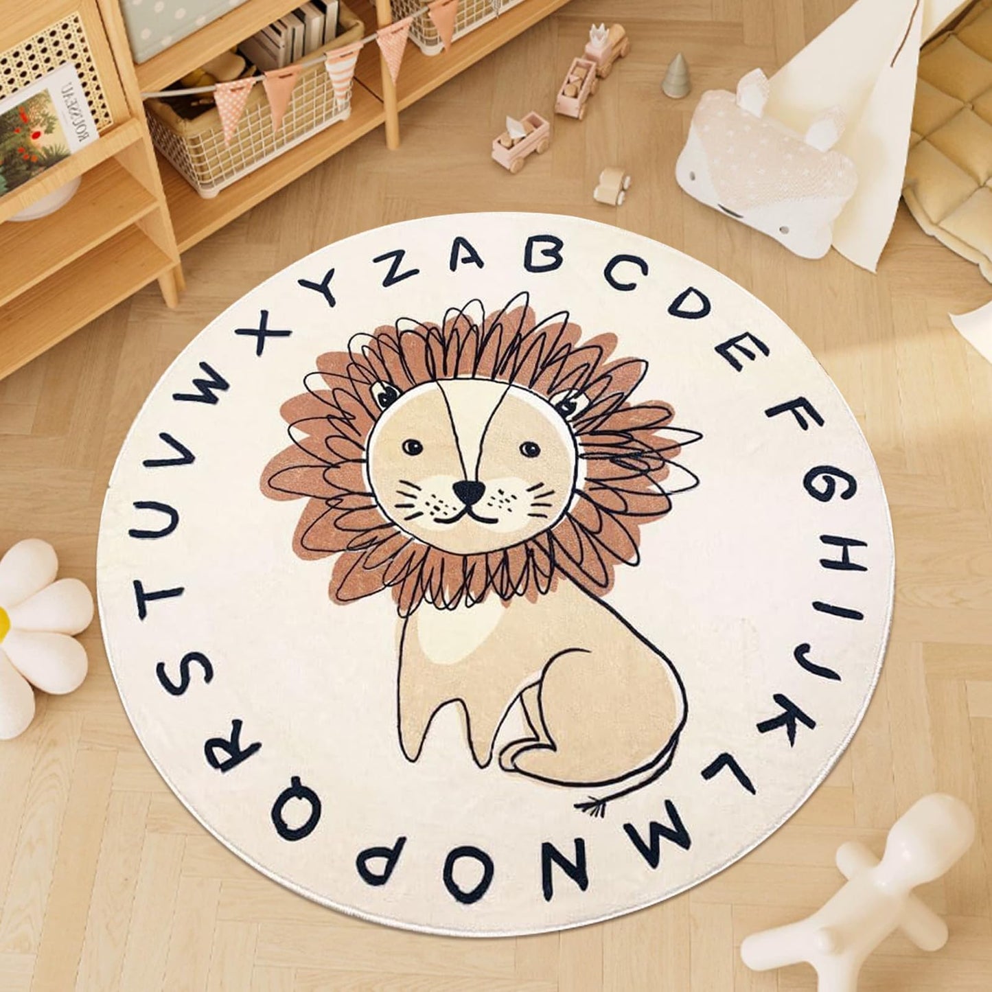 USTIDE Lion Kids Rug 4Ft, Super Soft Round Play Mat Lion Rug Alphabet Learning Carpet Large Cartoon Area Rug for Nursery Bedroom Playroom