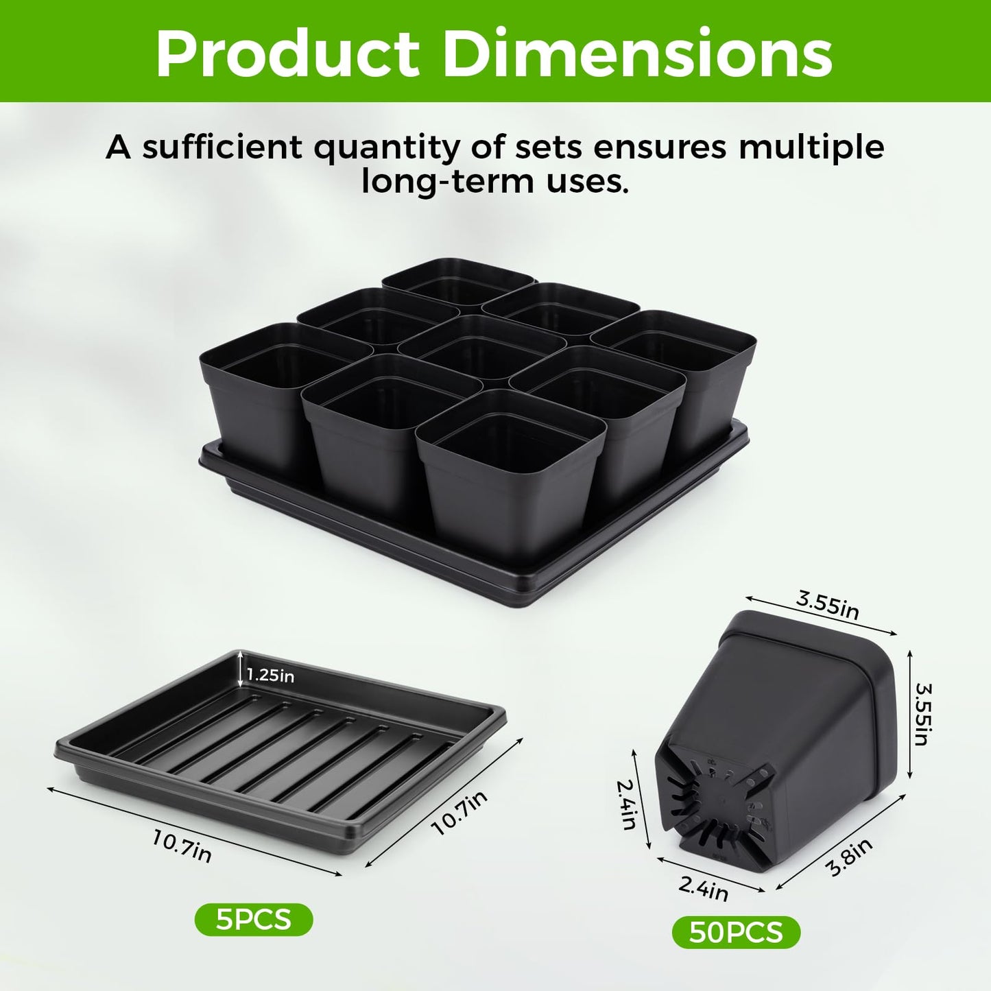 Seed Starter Tray Kit 3.5" 50 Pcs Square Nursery Pots Trays 9 Cell Seed Starting Pots with Drainage Holes 5 Pcs Seed Starting Trays 20 Plant Labels Planting Tool and 1 Pen Planter Nursery Propagation